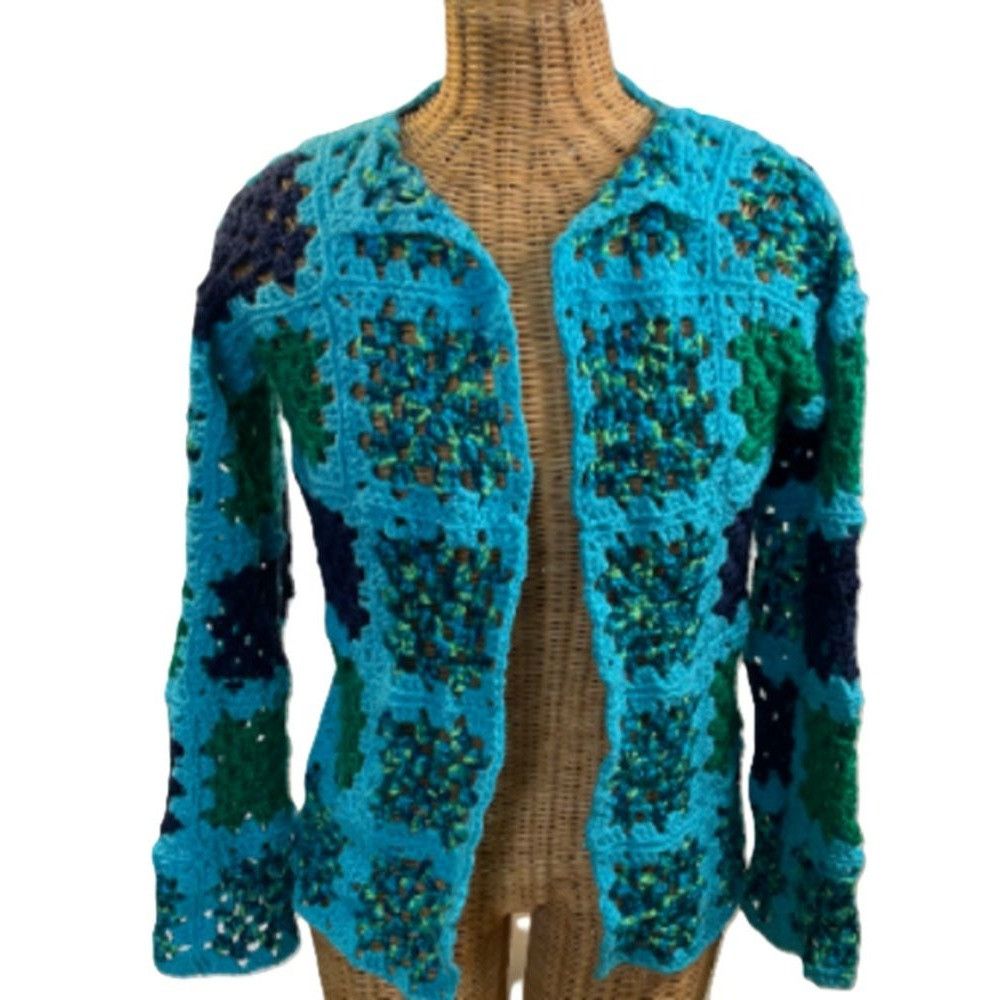 Handmade Crochet Cardigan Sweater Granny Square Turquoise Blue Green Size ONE SIZE - 1 Thumbnail