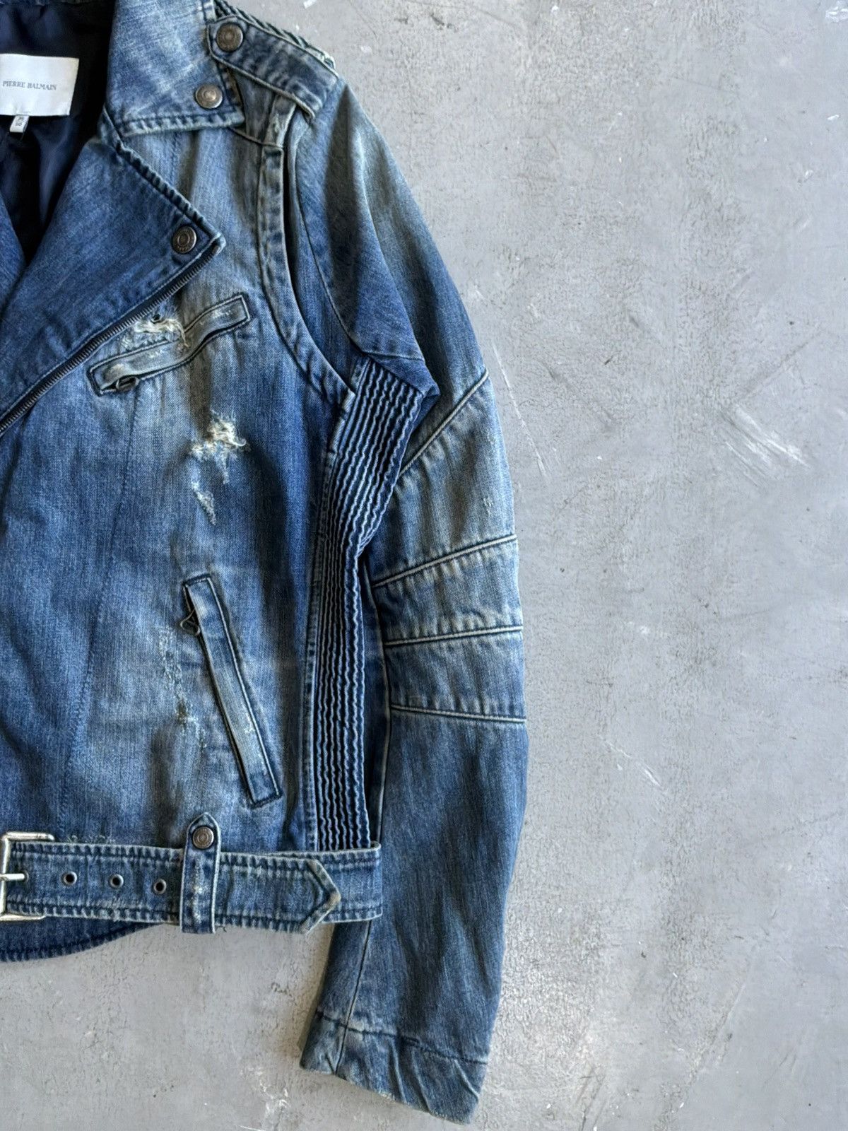 Balmain 2010s Pierre Balmain - Distressed Denim Biker Jacket Size US M / EU 48-50 / 2 - 4 Thumbnail