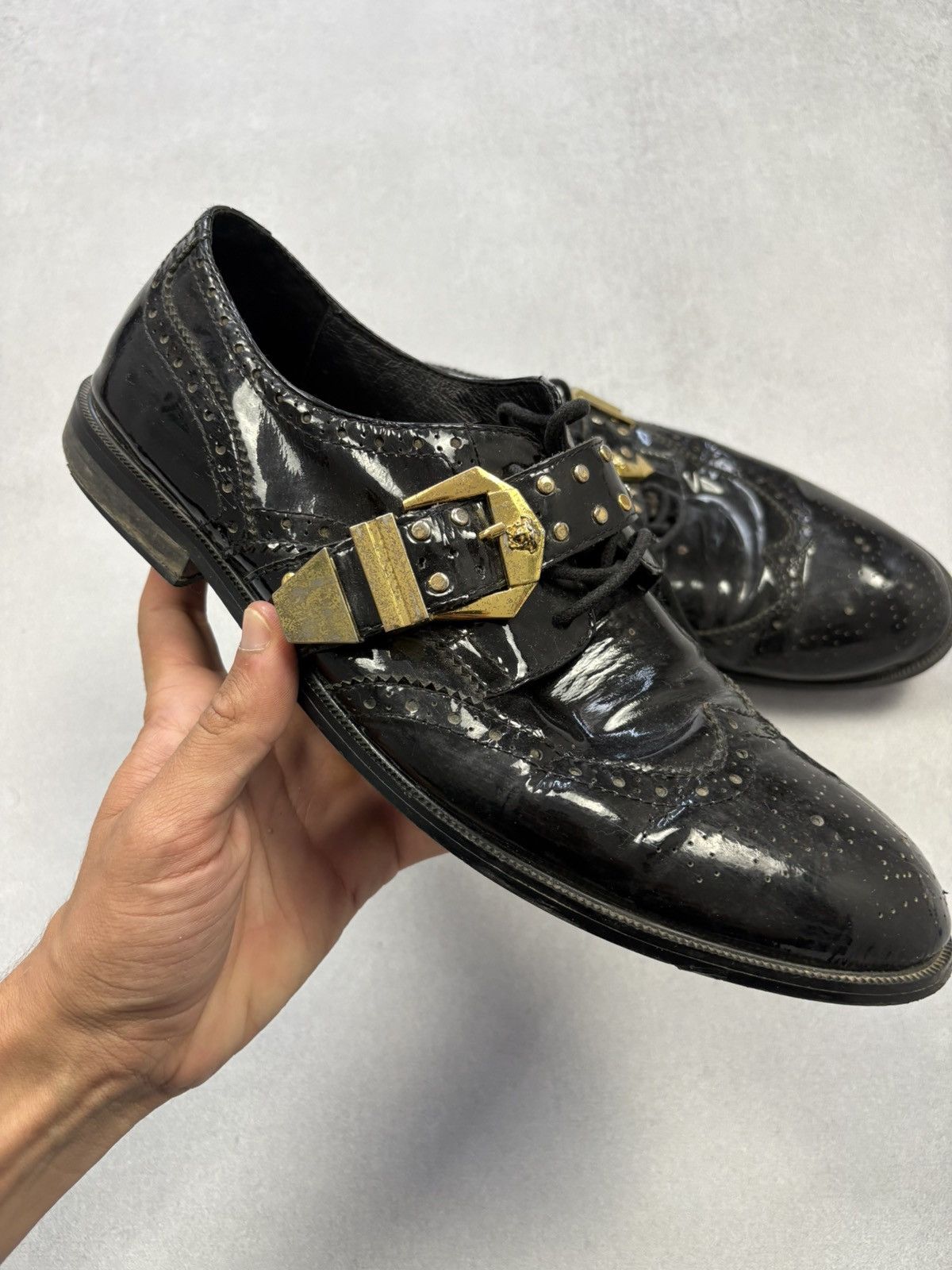 Versace Versace Vintage Black Patent Brogues Medusa Buckle Shoes 90s Size US 11 / EU 44 - 8 Thumbnail