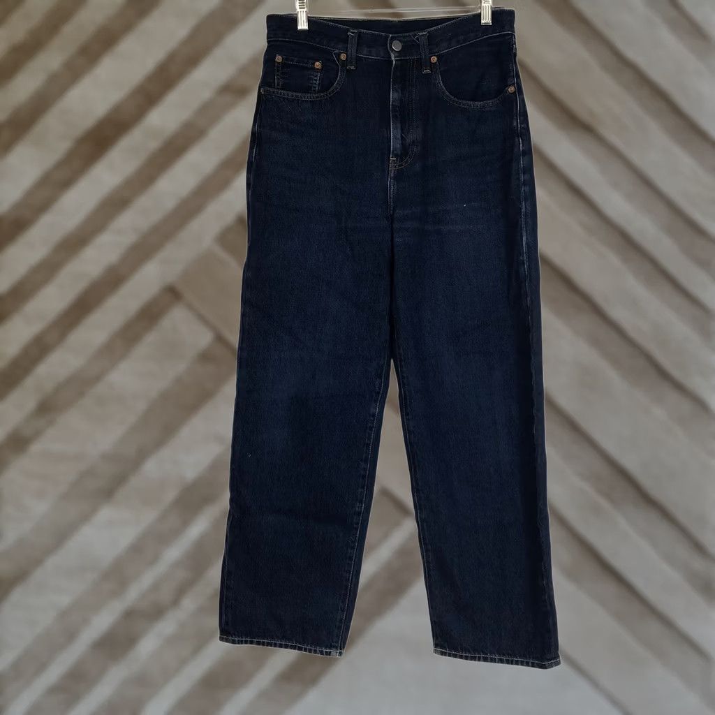 Muji MUJI Dark Indigo Blue Jeans 29 Waist 29 High Rise Wide Leg Straight Denim 100% Cotton Women's - 5-Pocket Zipper Button Casual Size 29" - 1 Thumbnail