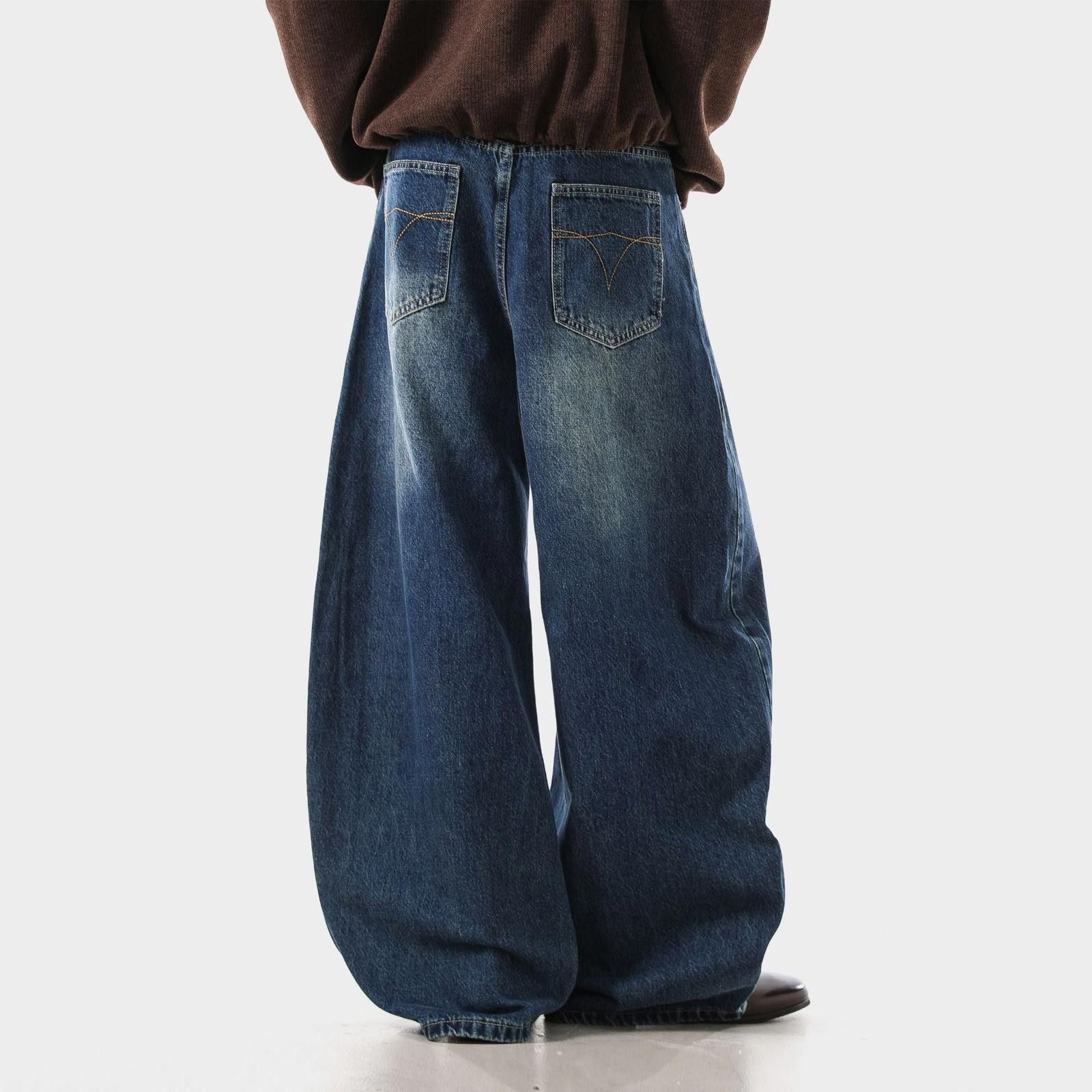 Blue Wide Leg Denim Jeans, Baggy Button Fly Jeans