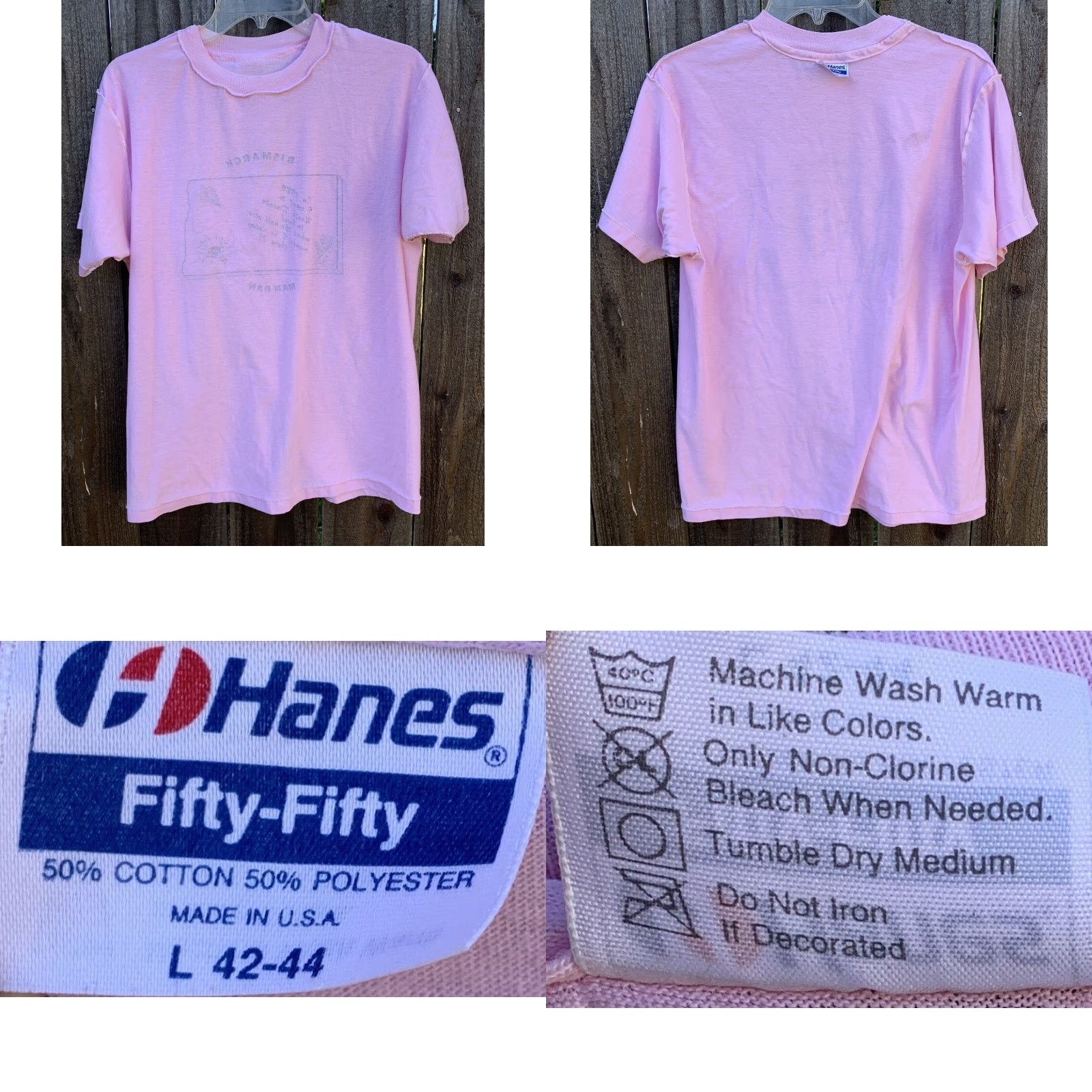 Hanes VINTAGE Hanes T-Shirt Bowl 1989 North Dakota Bismarck Mandan 80s Bowling Graphic Single Stitch Pink L Mens Men Size US L / EU 52-54 / 3 - 8 Thumbnail