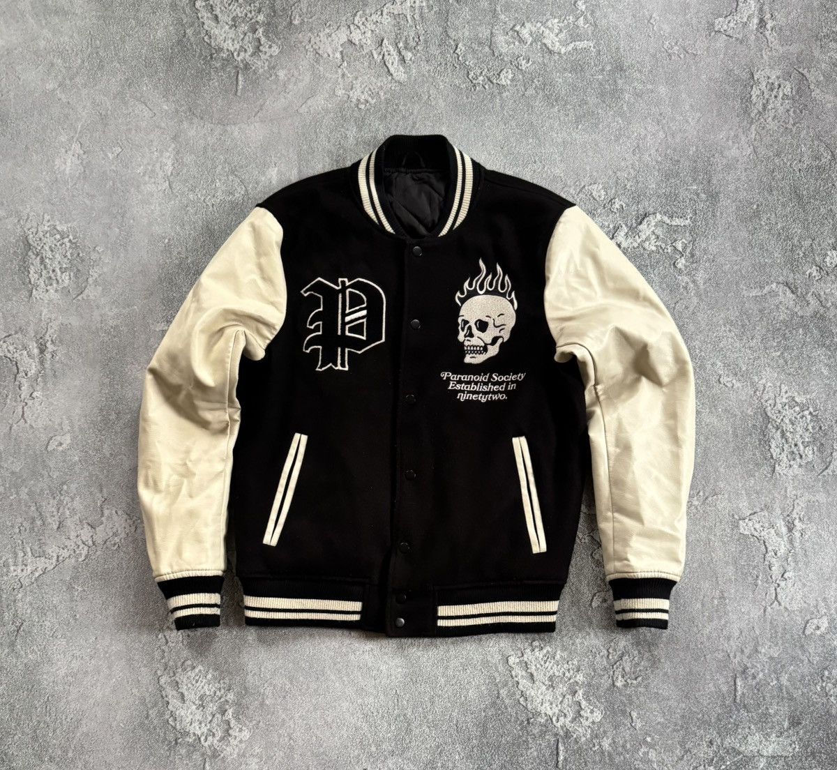 Paranoid Society M fire skull 💀 varsity bomber jacket y2k