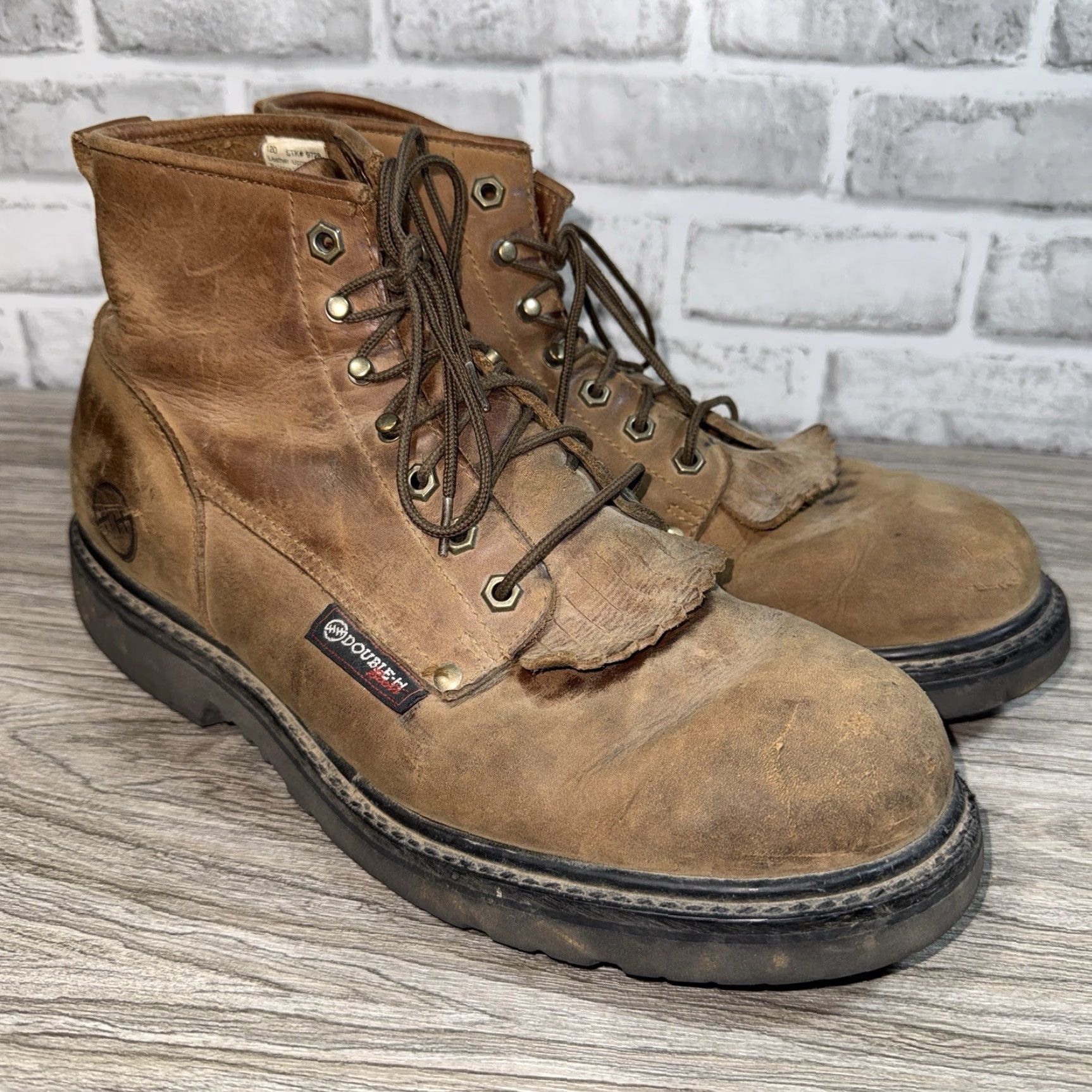 Vintage Double-H Work Boots Men’s 12D STK#9728 Brown Leather Toe: Steel Leather Upper, Lace-Up, Oil-Resistant Sole, Pre-owned Mens Boot Size US 12 / EU 45 - 2 Thumbnail