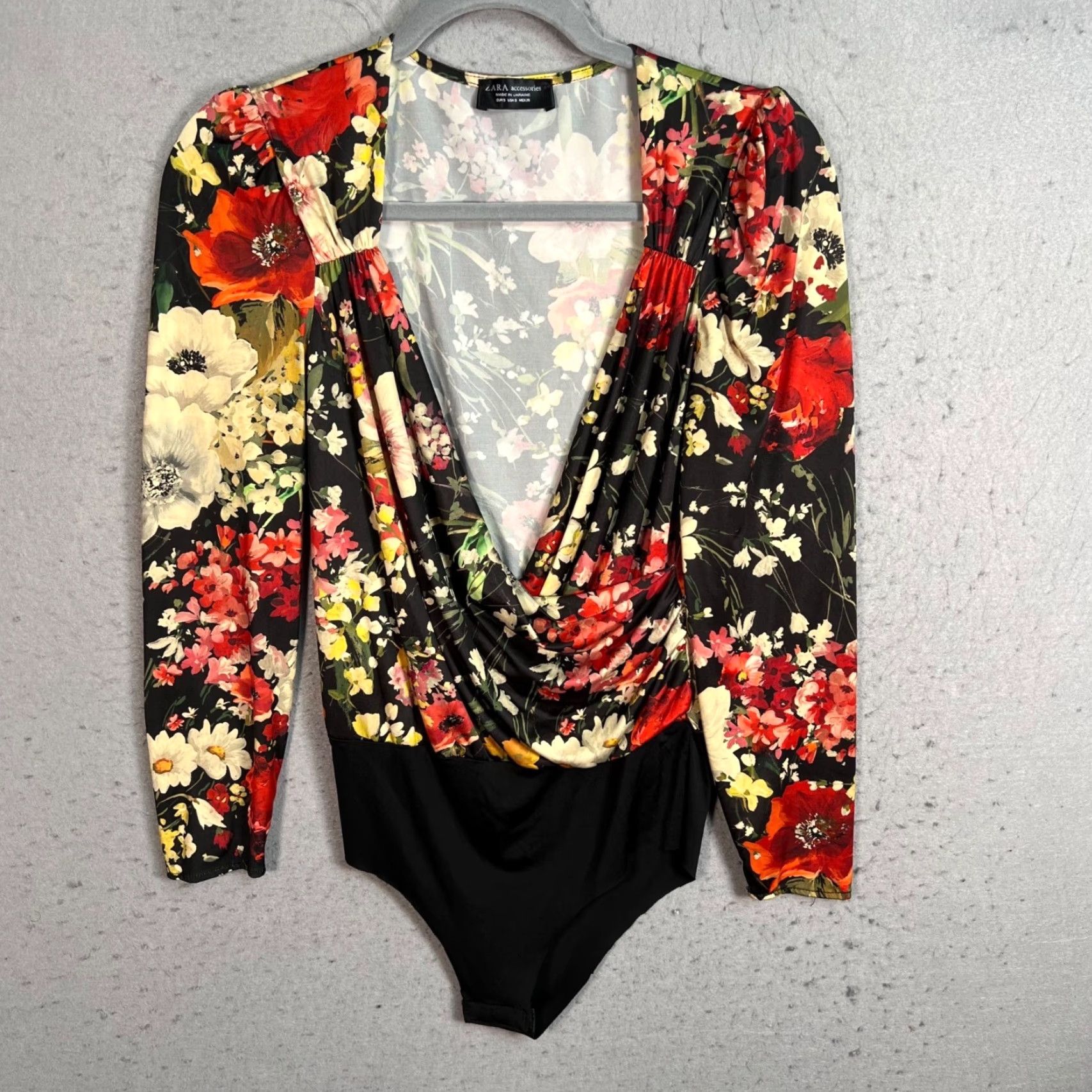 Zara Zara Bodysuit Shirt Womens Small S Floral Black Polyester Blend Long Sleeve V-Neck Cowl Neck Stretch Spring Summer - Mens? Size S / US 4 / IT 40 - 2 Thumbnail