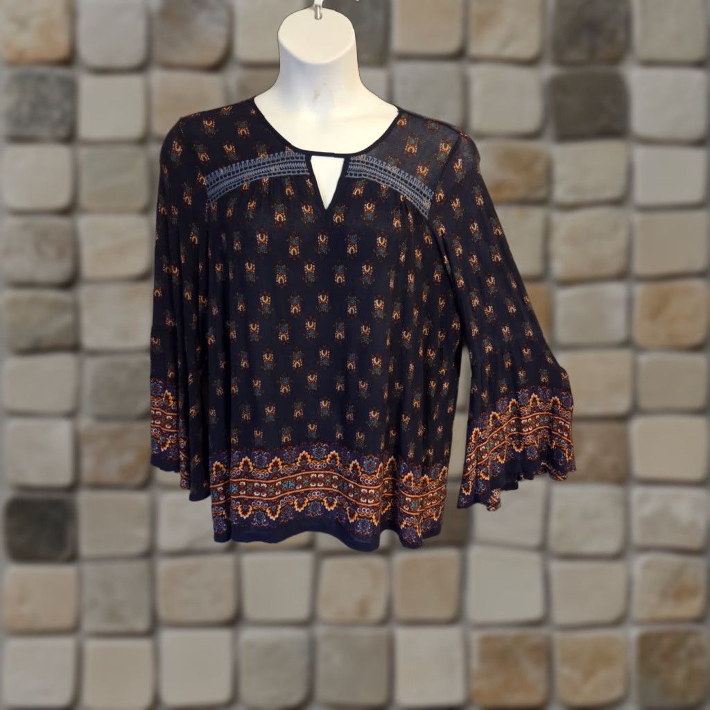 Vintage VINTAGE America Blues Navy Blue Embroidered Stretchy Sheer Top Hippie Boho XL Shirt Womens Size XL / US 12-14 / IT 48-50 - 1 Thumbnail