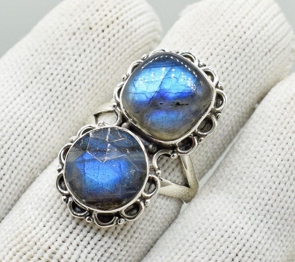 Handmade Blue Fire Labradorite 925K Silver Ring Handmade Boho Jewelry Size ONE SIZE - 7 Thumbnail