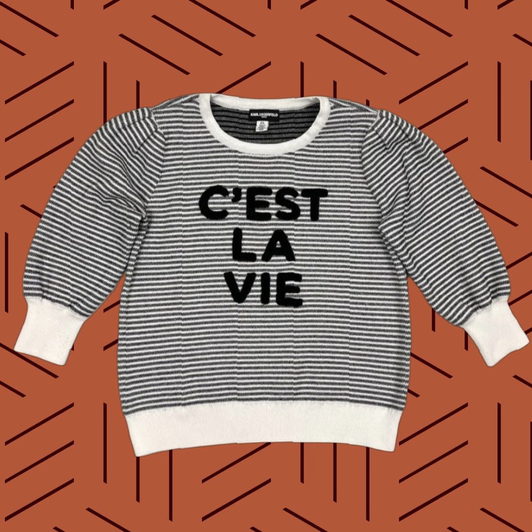 Karl Lagerfeld VINTAGE Karl Lagerfeld Paris Sweater Womens L Black White Striped C'est La Vie Pullover Size L / US 10 / IT 46 - 1 Thumbnail