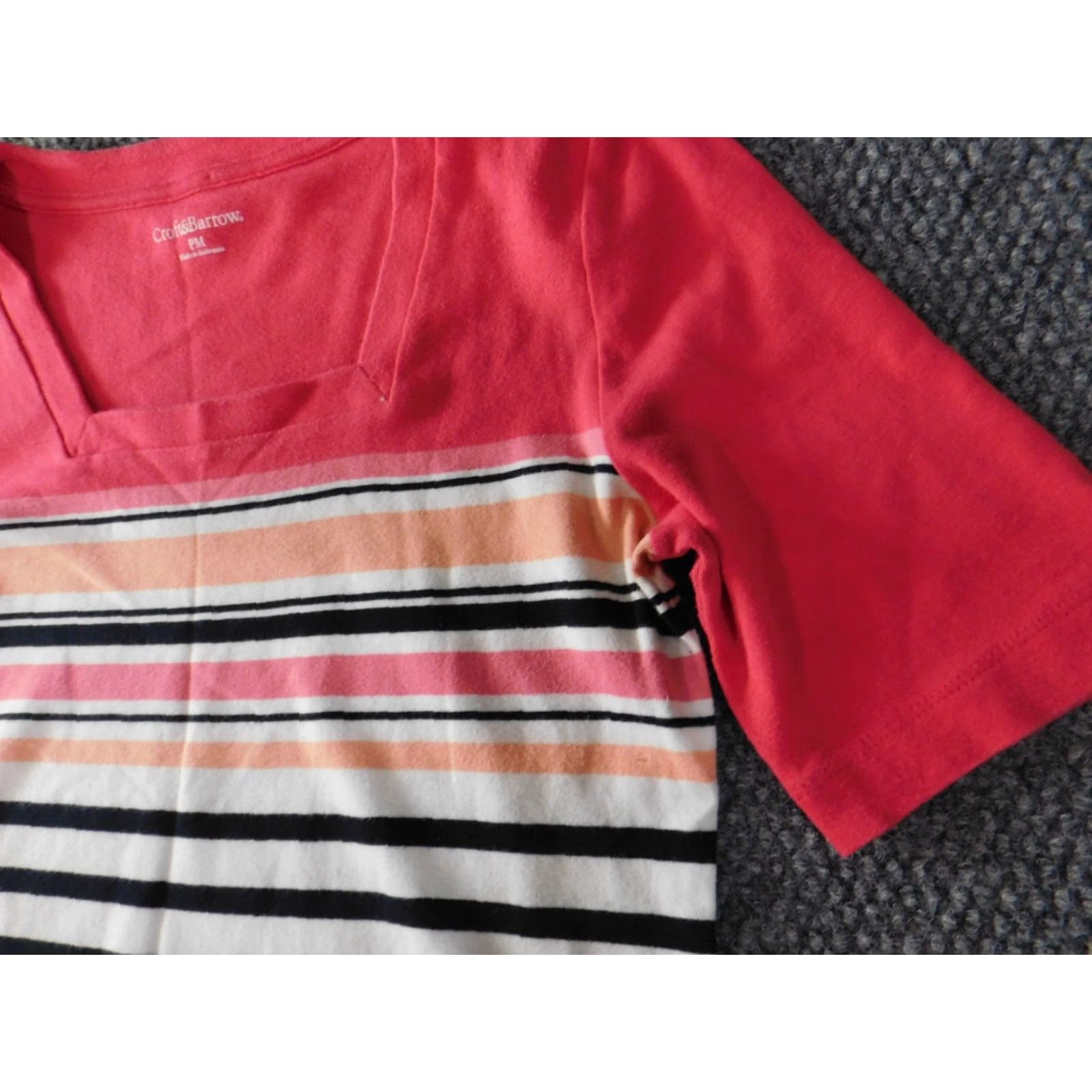 Croft & Barrow Croft & Barrow Womens Blouse PM Petites White Striped Pullover Crew Neck Short Sleeve Button Cotton Rayon Classic Casual Womens Size M / US 6-8 / IT 42-44 - 5 Thumbnail