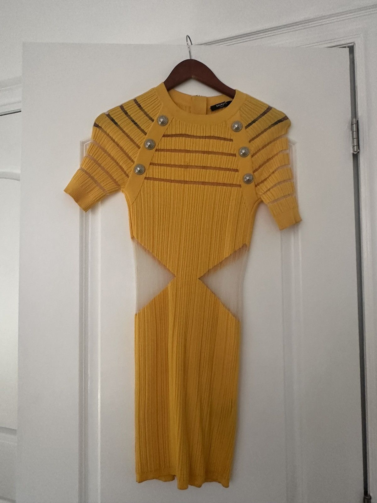 Balmain Brand New Balmain Yellow Cut-Out Knit Dress - Size 38 Size S / US 4 / IT 40 - 1 Thumbnail