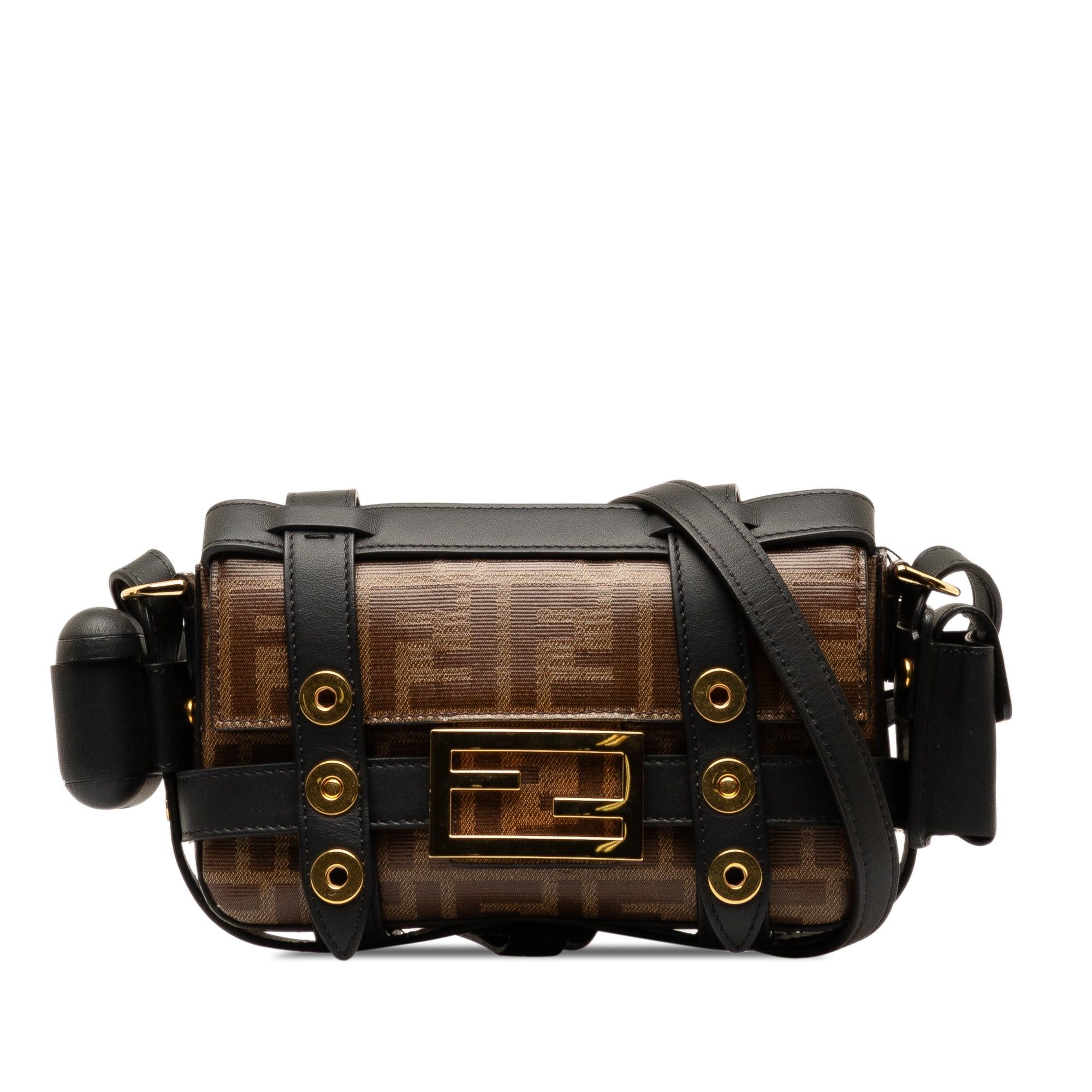 image of Fendi Mini Zucca Glazed Fabric Cage Baguette in Brown, Women's