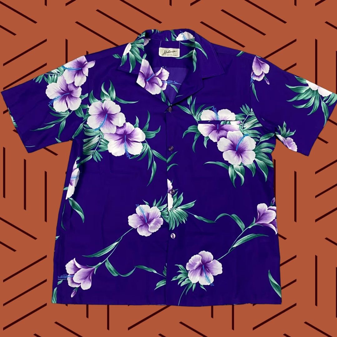 Vintage VINTAGE Helena's Hawaiian Shirt, Button-Up, Men’s L, Purple Floral Hibiscus, Handmade, 70s, Aloha Size US L / EU 52-54 / 3 - 1 Thumbnail