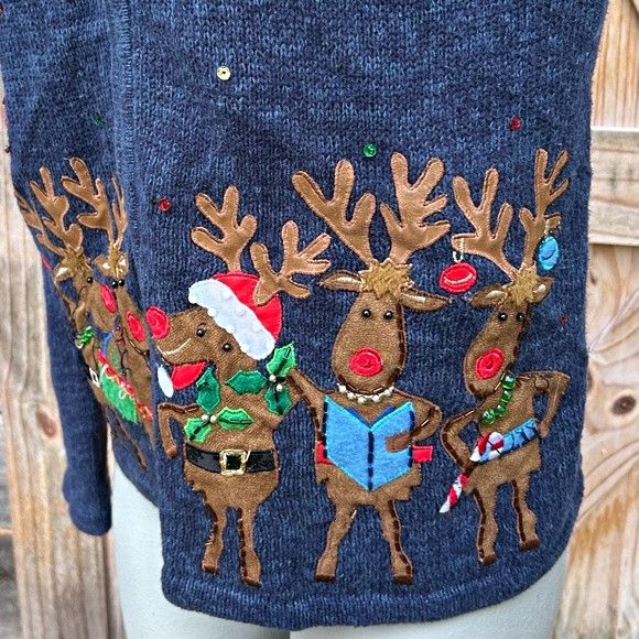 Other Vintage Tiara Blue Reindeer Christmas Cardigan Sweater Size L / US 10 / IT 46 - 4 Thumbnail