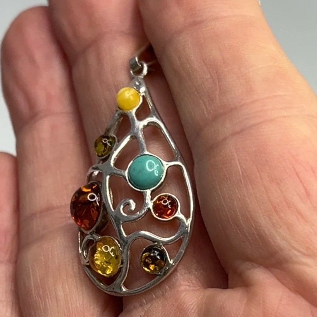 Other Teardrop Sterling Silver Pendant W/ Multi-Color Amber Stones Size ONE SIZE - 8 Thumbnail