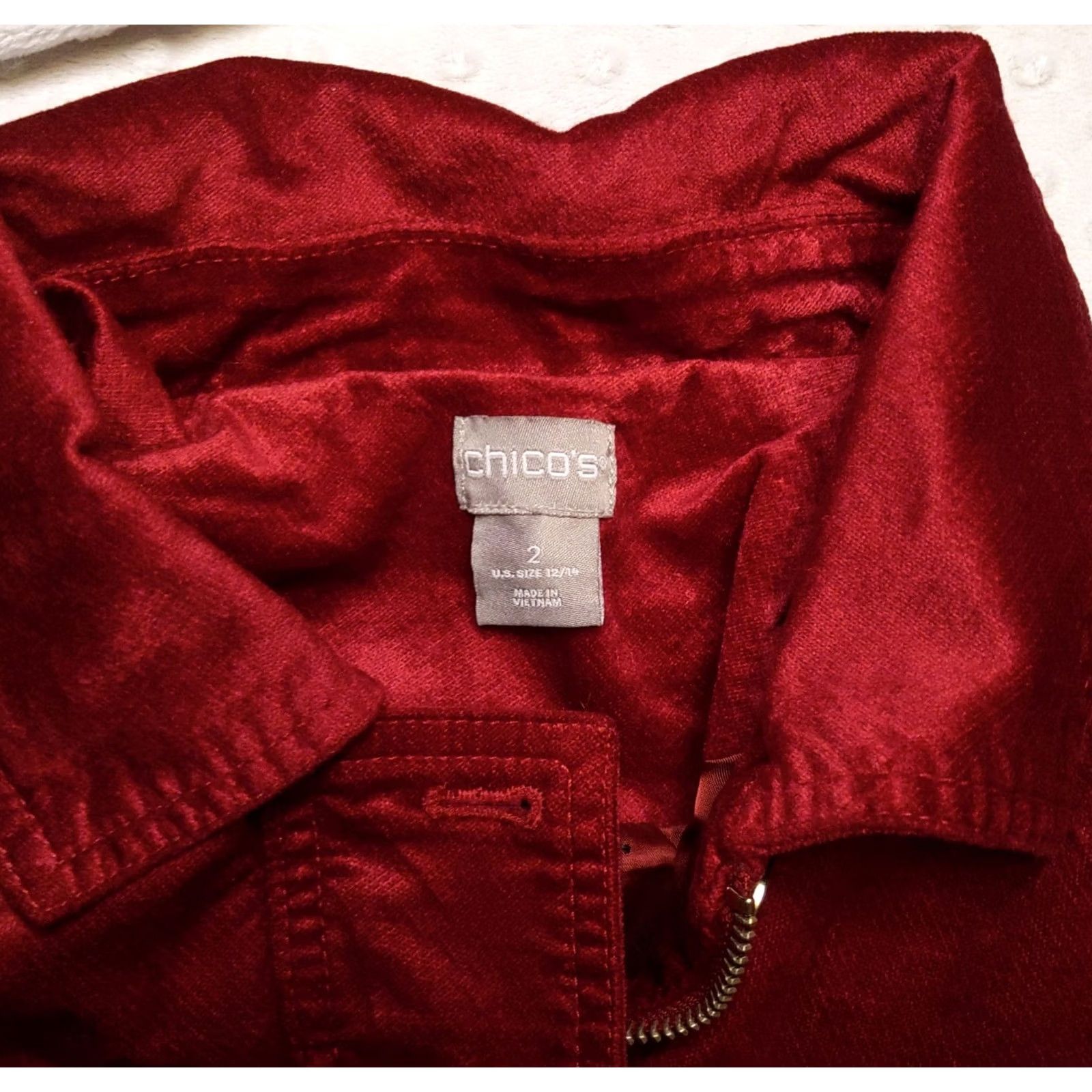 Vintage Chico's Red Velvet Denim Style Jacket Women's Regular 12/14 Short Lined Casual Party/Cocktail Fall Spring Summer Winter Velvet Denim Velvet Jacket Size XL / US 12-14 / IT 48-50 - 5 Thumbnail