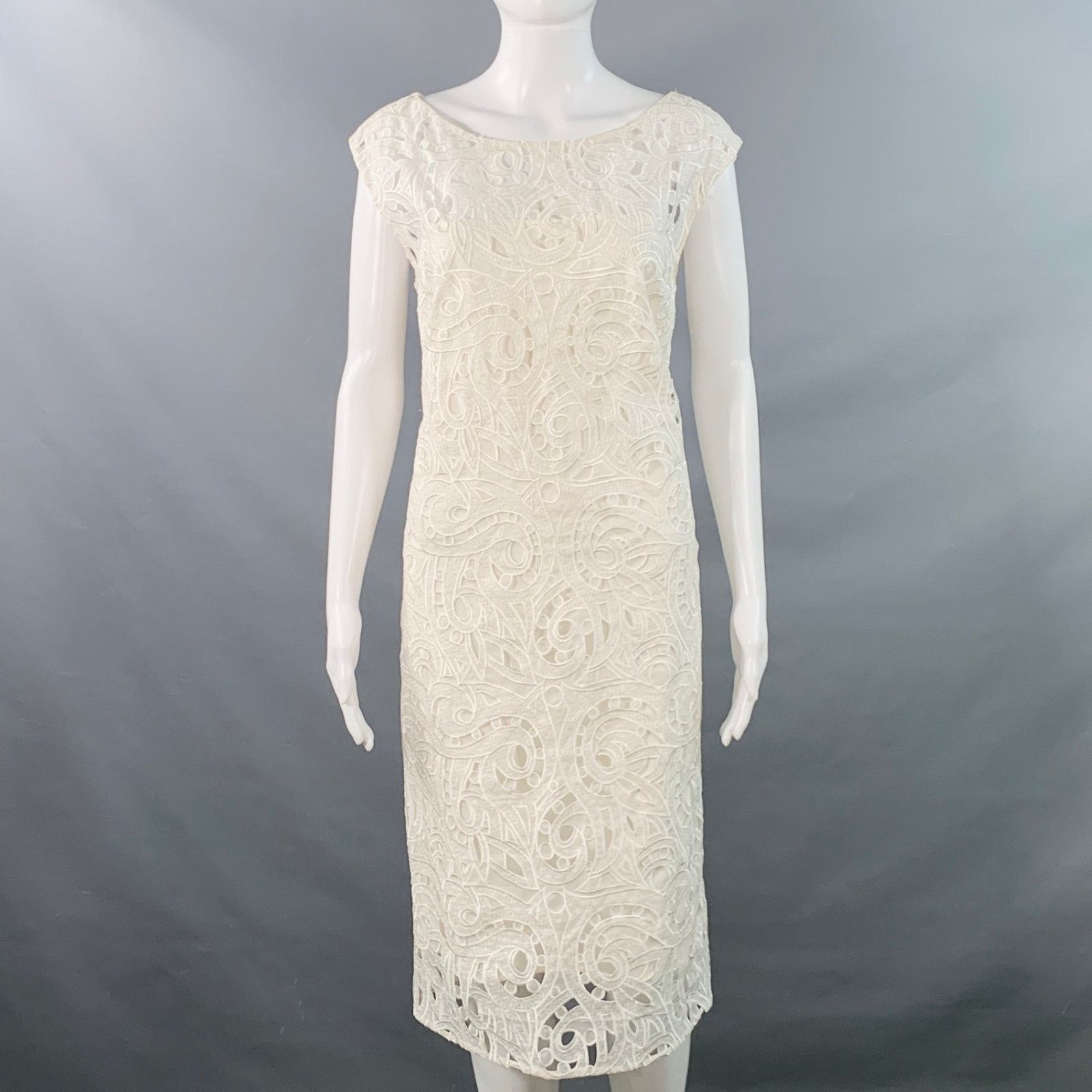 Escada Size 6 Off White Silk Lace Boat Neck Sleeveless Shift Dress Size M / US 6-8 / IT 42-44 - 1 Thumbnail