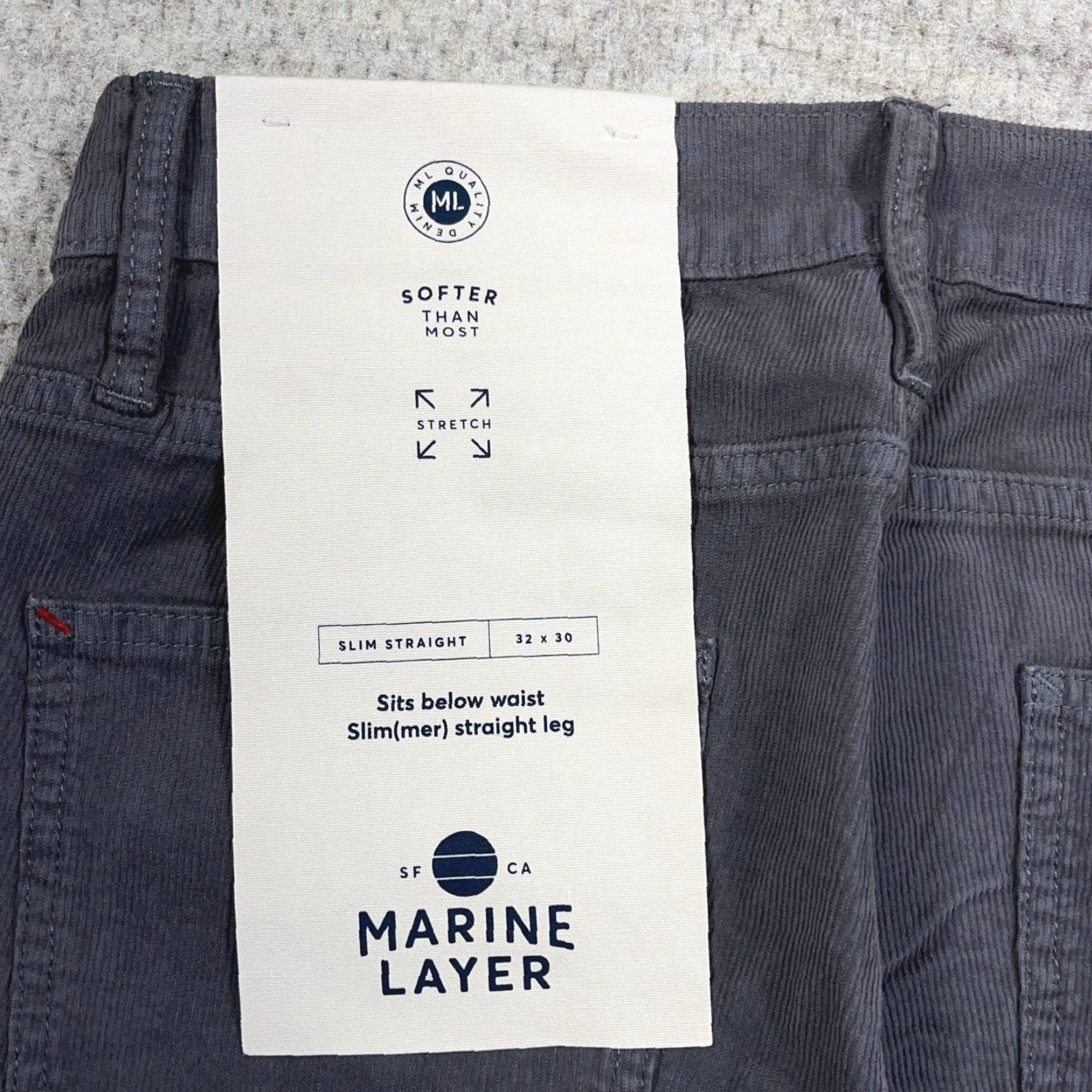 Marine Layer Slim Pants Men 32x30 Corduroy Straight Leg Gray Chino