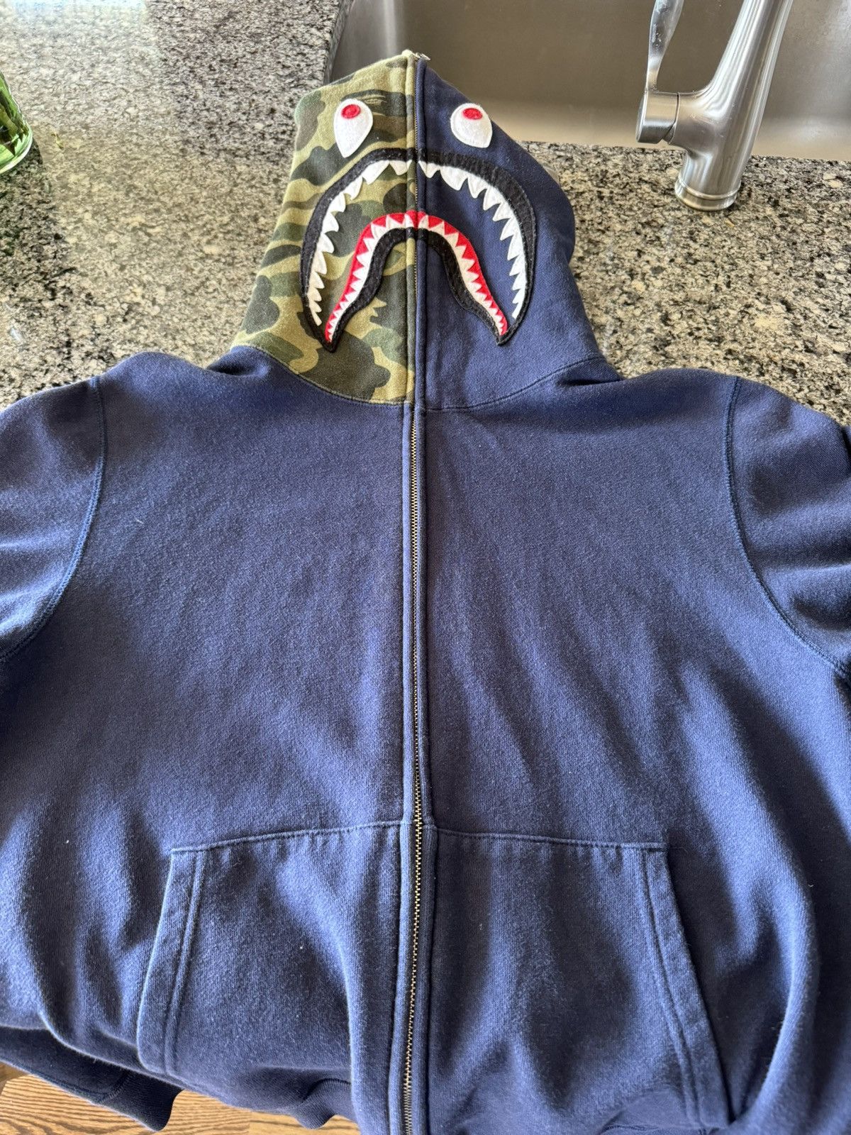 image of Bape Shark Zip Up Camo Hoodie Large in Navy Blue, Men's