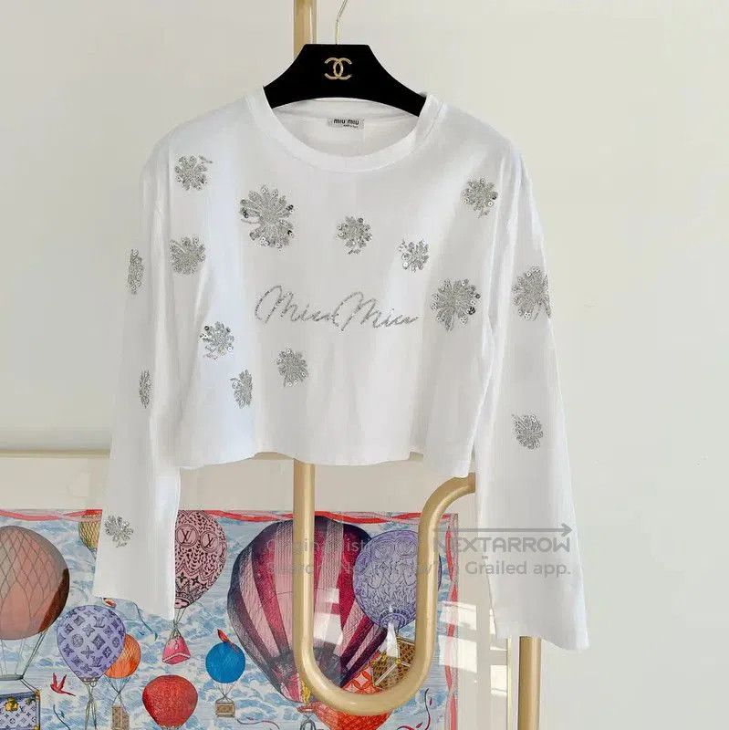 Miu Miu Miu Miu Summer White Crop Long Sleeve T-Shirt . Size S / US 4 / IT 40 - 1 Thumbnail