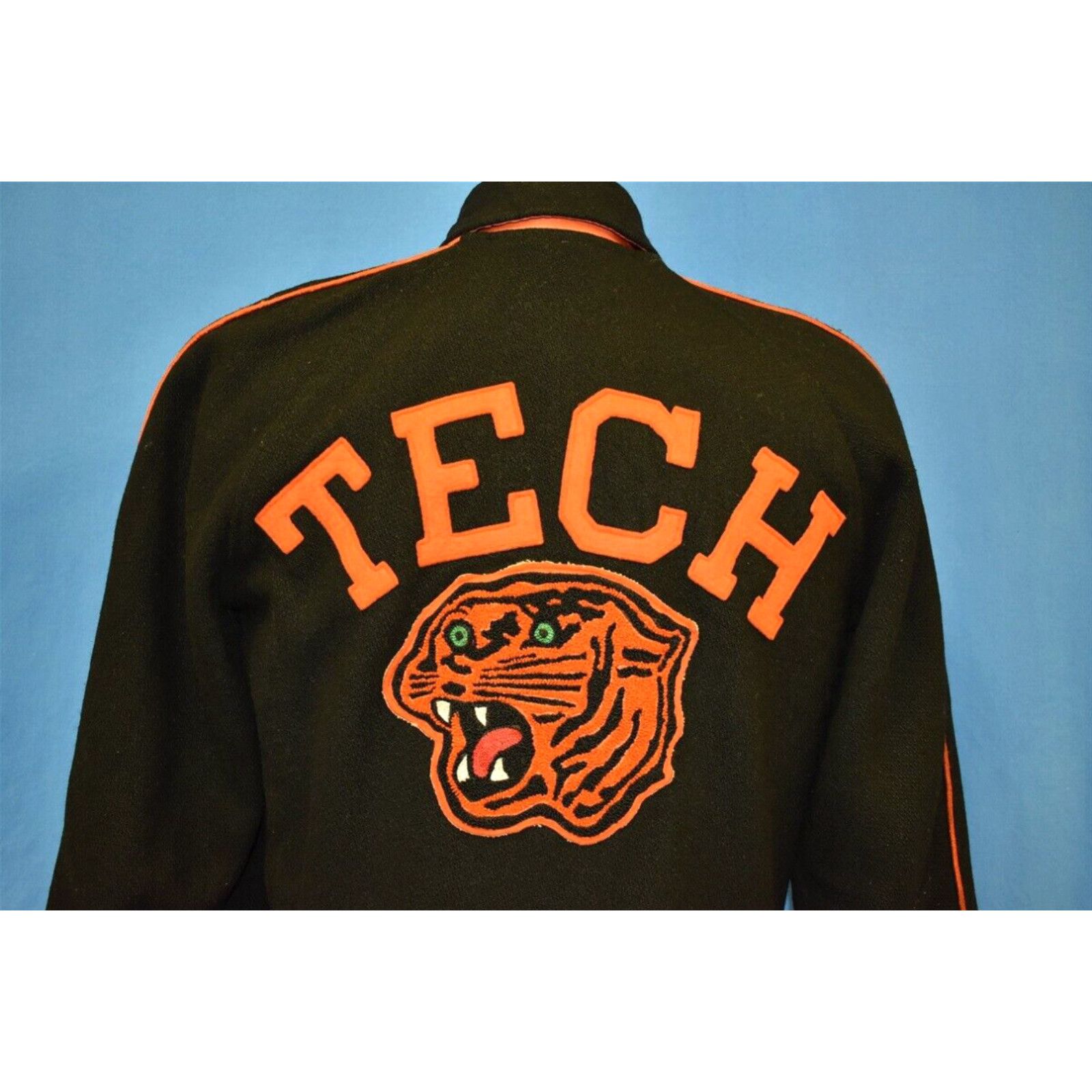 image of Vintage 50S Tiger Tech Black Orange Wool Letterman High School Jacket Small S in White, Men's