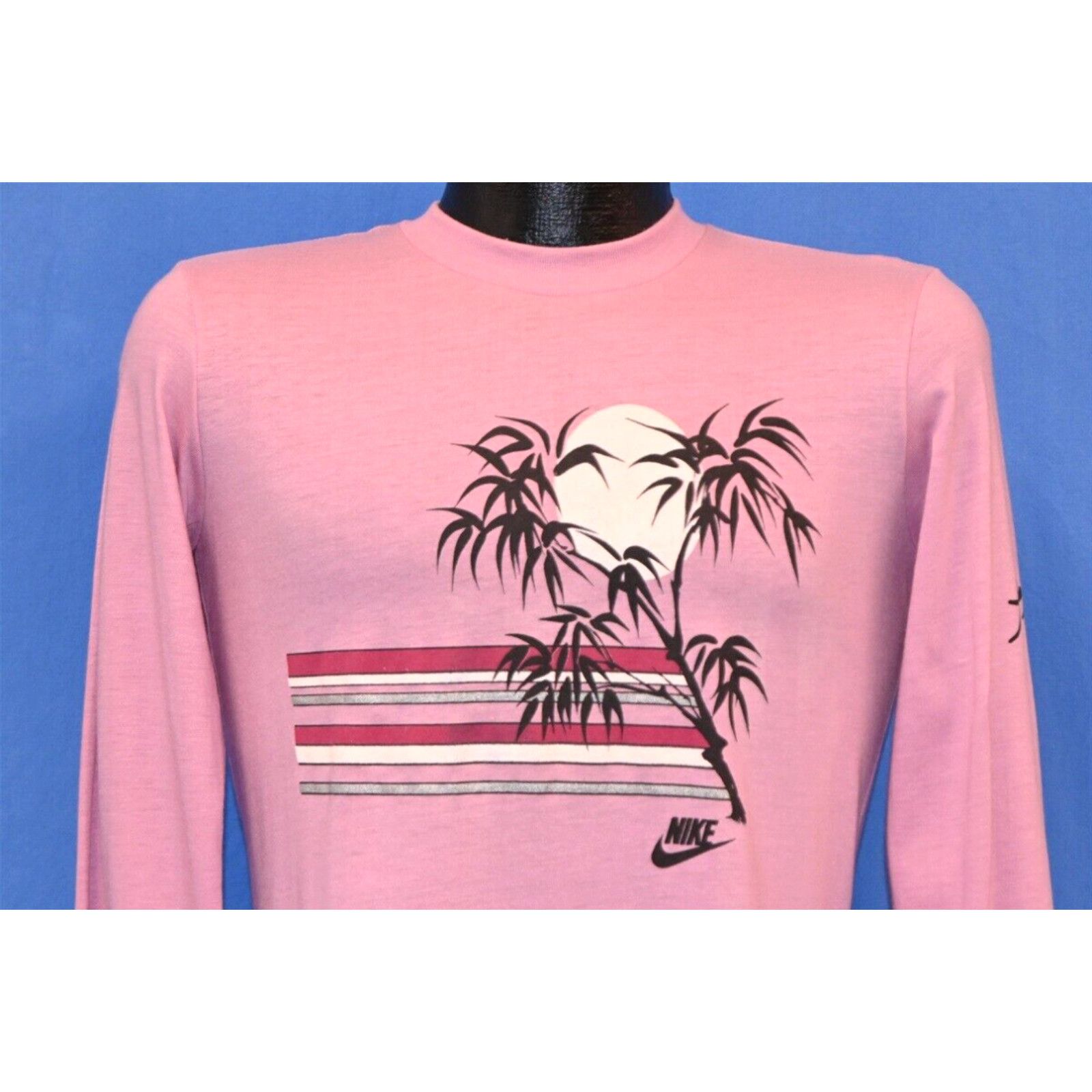 image of Vintage 80's Nike Bamboo Tree Sunset Katakana Pink Long sleeve NWT T-Shirt Womens Small S in White