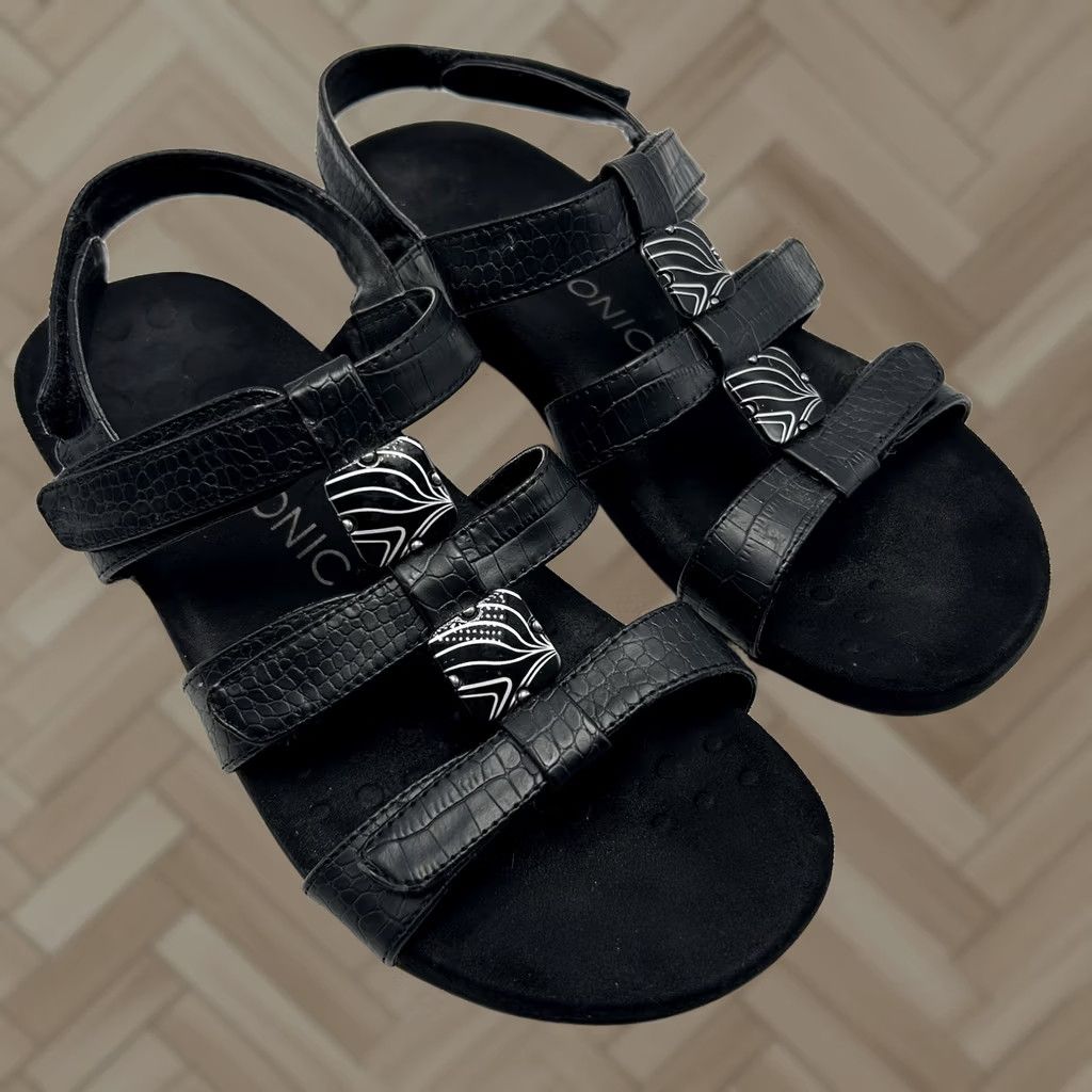 Vionic Vionic Sandals Women 7 Amber Black Python Adjustable Strappy Slingback Size US 7 / IT 37 - 1 Thumbnail