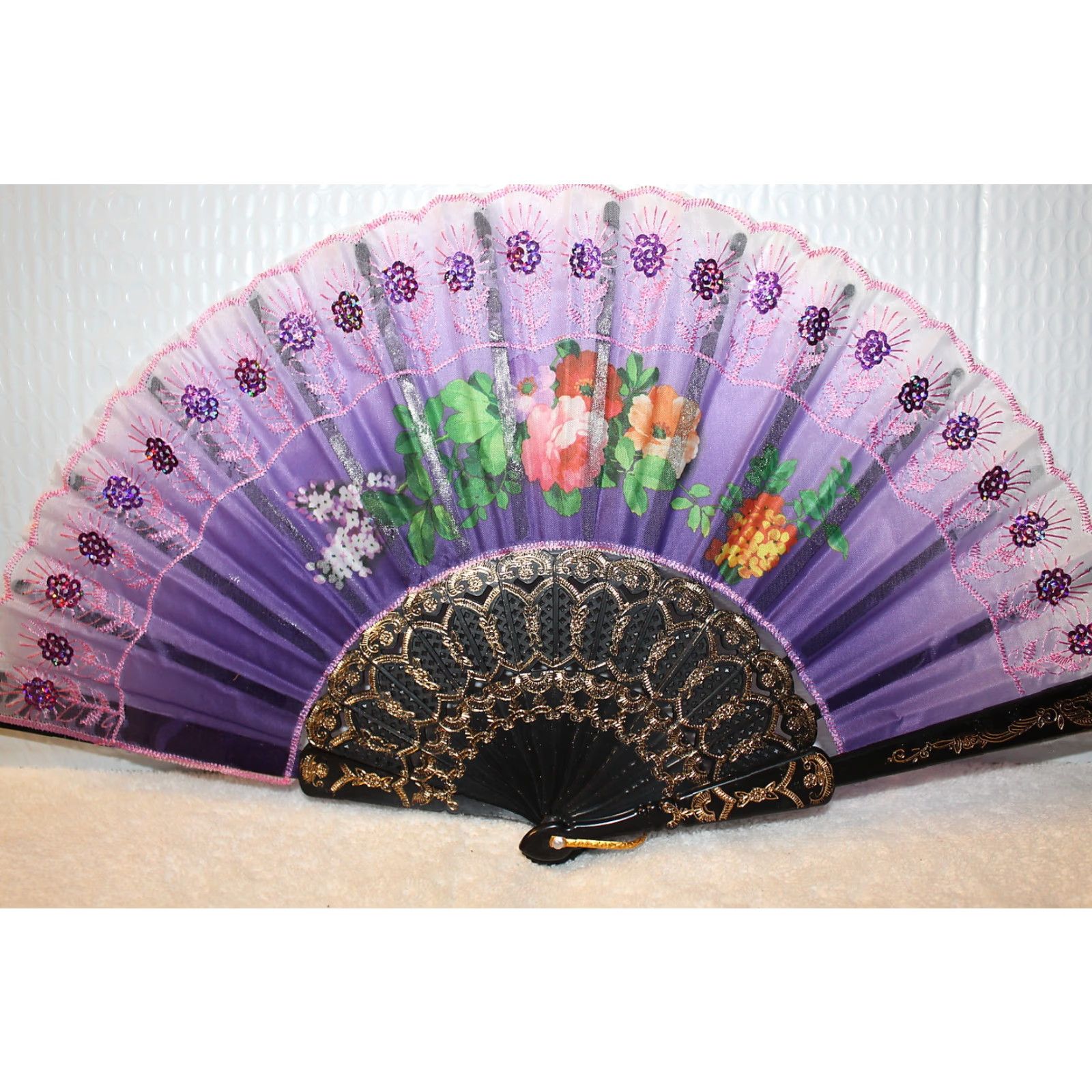 Vintage VINTAGE Small Hand Fan with Flowers and Sequins - 16 Inch Floral Decorative Fan - Adult Size ONE SIZE - 2 Thumbnail