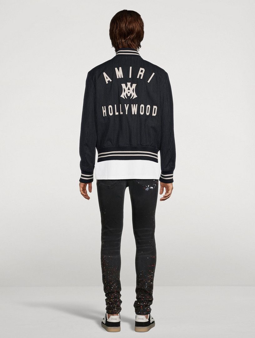 o1s1wg110326 MA Hollywood Pinstripe Bomber Jacket in Black