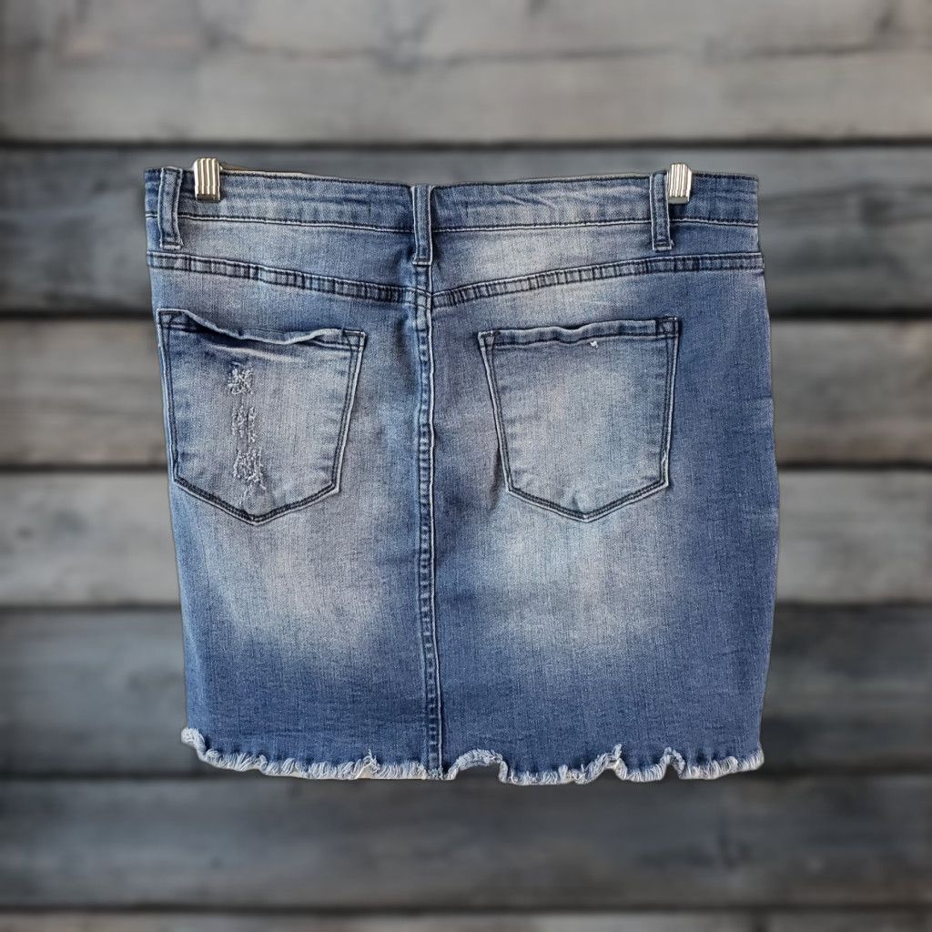 Vintage KanCan Womens Denim Pencil Skirt Sz 11/29 Blue Distressed Raw Hem Size 29" - 1 Thumbnail