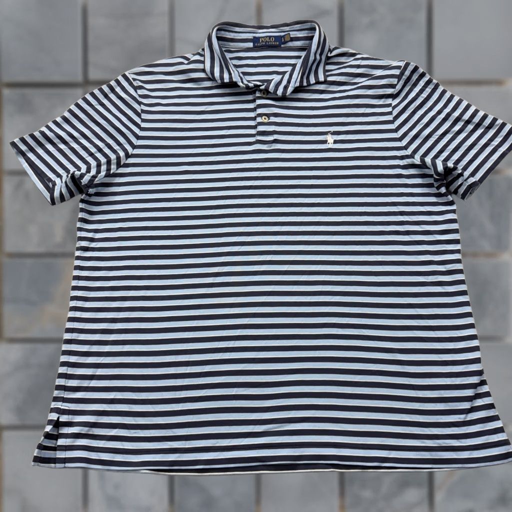 Polo Ralph Lauren VINTAGE Polo Ralph Lauren Mens Striped Short Sleeve Polo Shirt Navy Blue Light Blue XL Size US XL / EU 56 / 4 - 1 Thumbnail