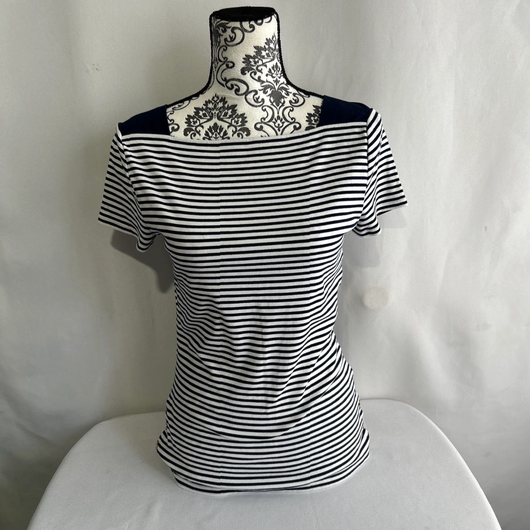 Ralph Lauren Lauren Ralph Lauren Shirt Women Sz M Blue Striped Short Sleeve Top Size M / US 6-8 / IT 42-44 - 2 Thumbnail