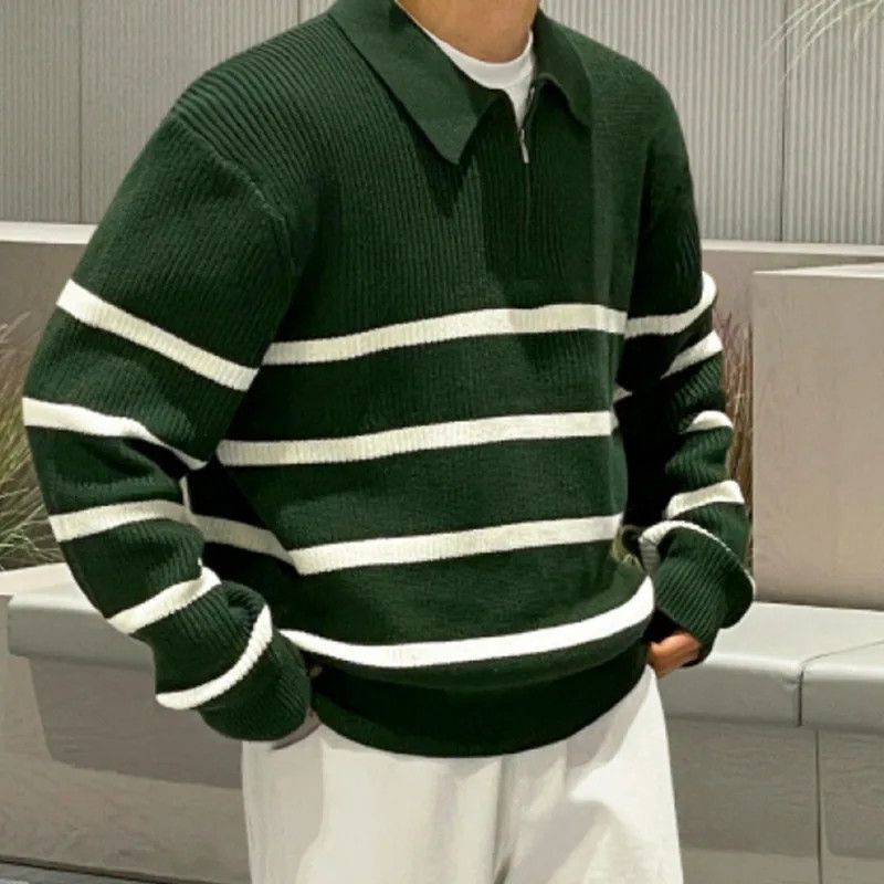Japanese Brand Korean Style Striped Half Zipper Knitted Size US XXL / EU 58 / 5 - 1 Thumbnail