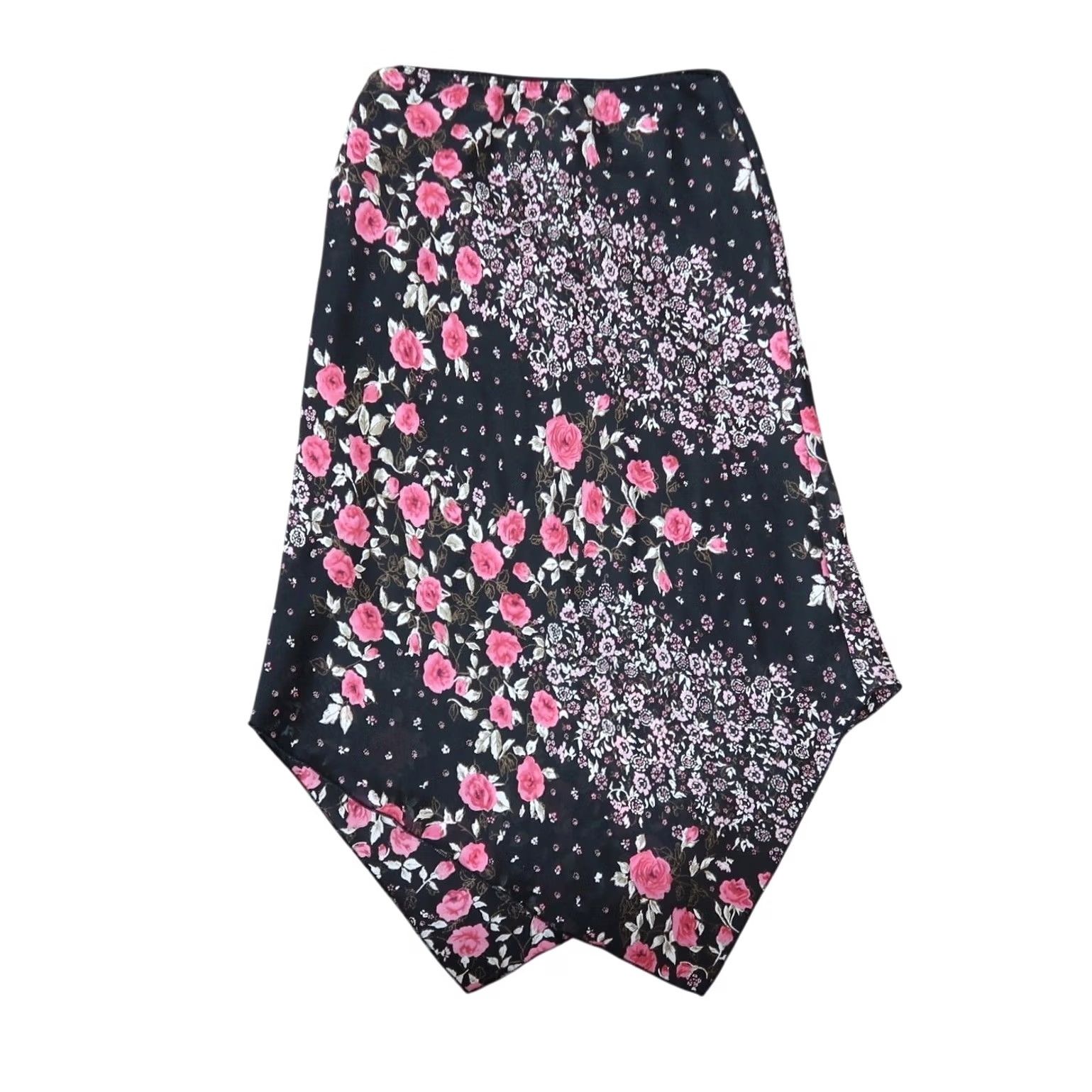 Vintage VINTAGE Heart Soul Black Pink Rose Floral Asymmetrical Midi Skirt S Womens 90s Size 28" / US 6 / IT 42 - 3 Thumbnail