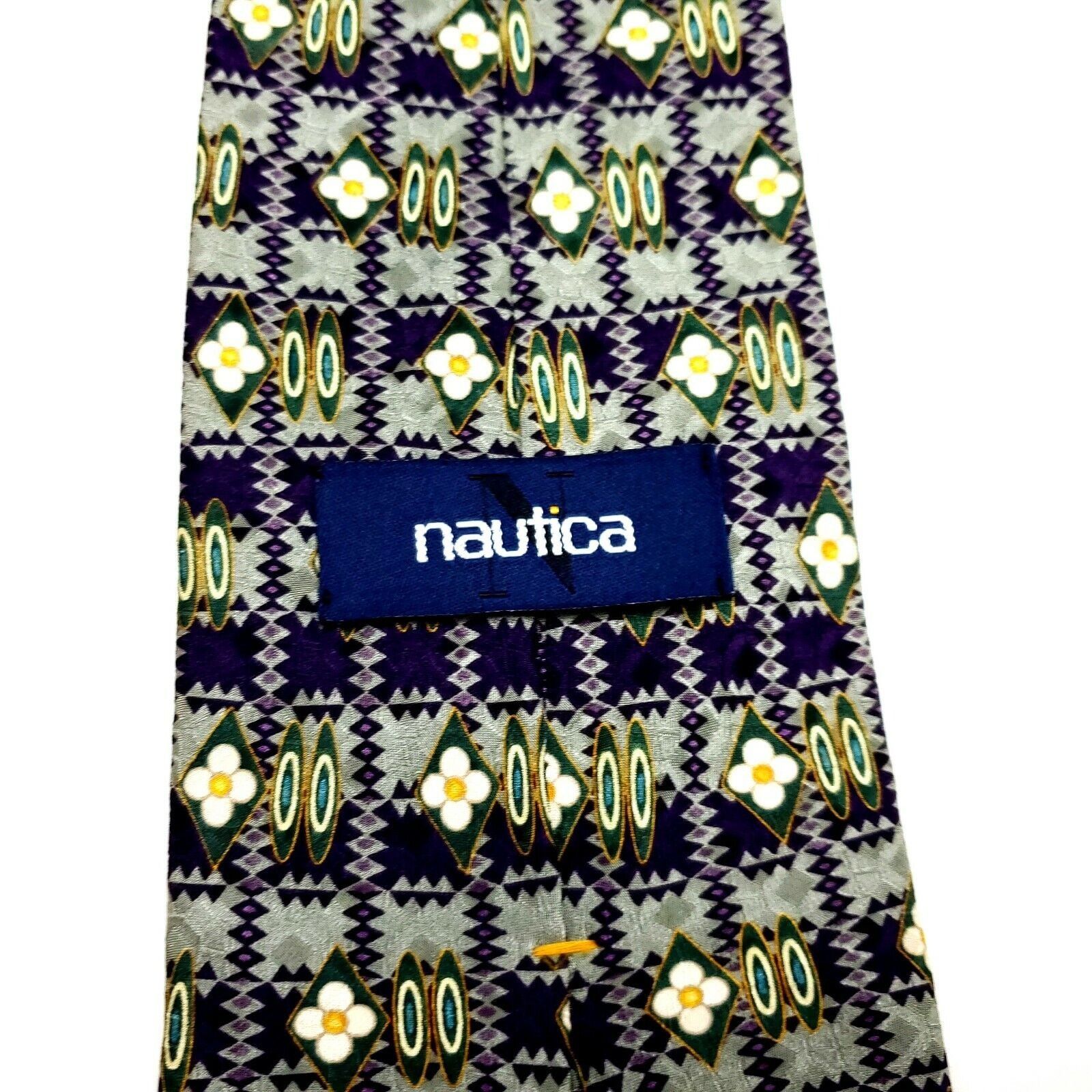 Nautica Nautica Silk Tie Purple Green Geometric Print Short Wide Size ONE SIZE - 3 Thumbnail