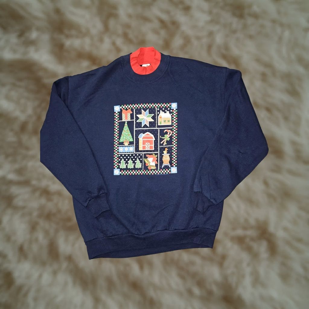 Jerzees VINTAGE Jerzees Sweatshirt Women's XL Blue Ugly Christmas Patchwork Made USA 90s Size XL / US 12-14 / IT 48-50 - 1 Thumbnail