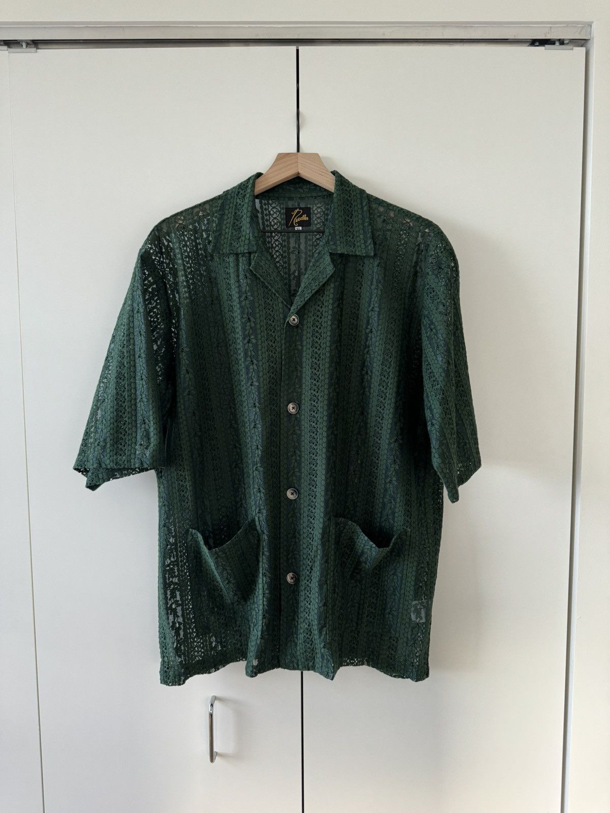 image of Needles Lace Stripe Cabana Shirt Green Xl, Men's