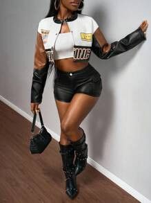Other Women’s Cropped Racing Black White Brown Biker Jacket Size M / US 6-8 / IT 42-44 - 6 Thumbnail