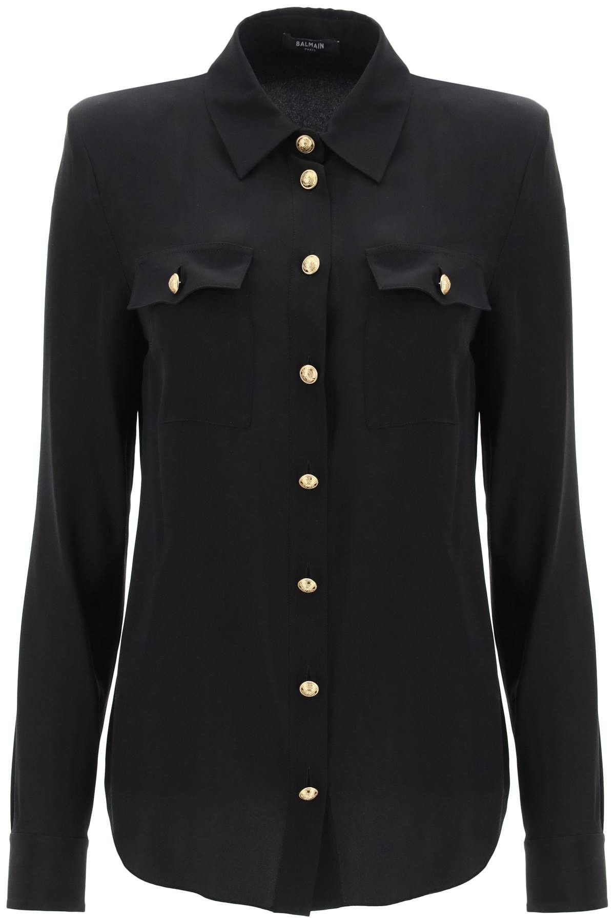 image of Balmain Silk Shirt With Padded Shoulders in Noir, Women's (Size Medium)