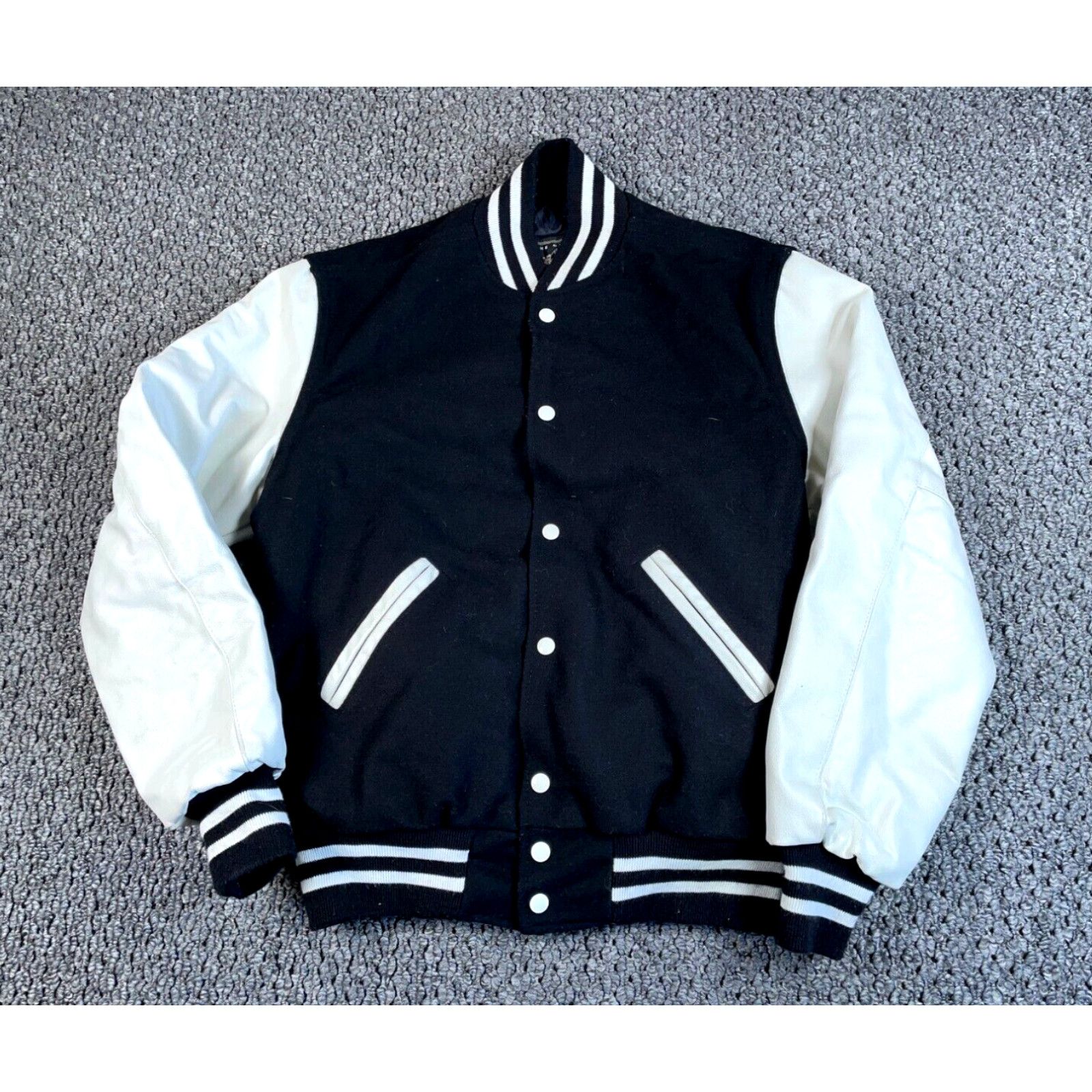 image of Holloway Leather Wool Varsity Bomber Jacket Adult Small Black White Preppy, Men's
