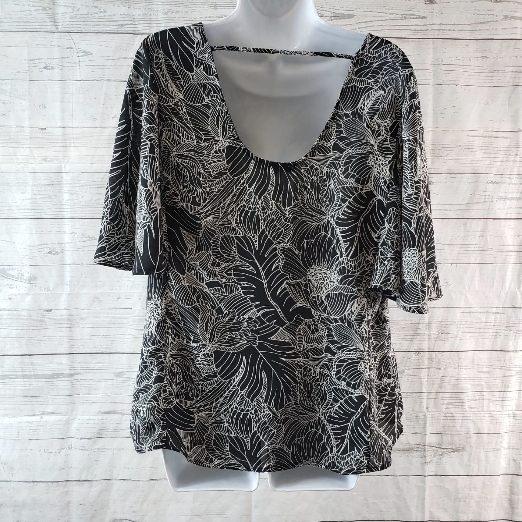 Vintage Daniel Rainn Womens Blouse Large Black White Floral Scoop Neck Back Size L / US 10 / IT 46 - 4 Thumbnail