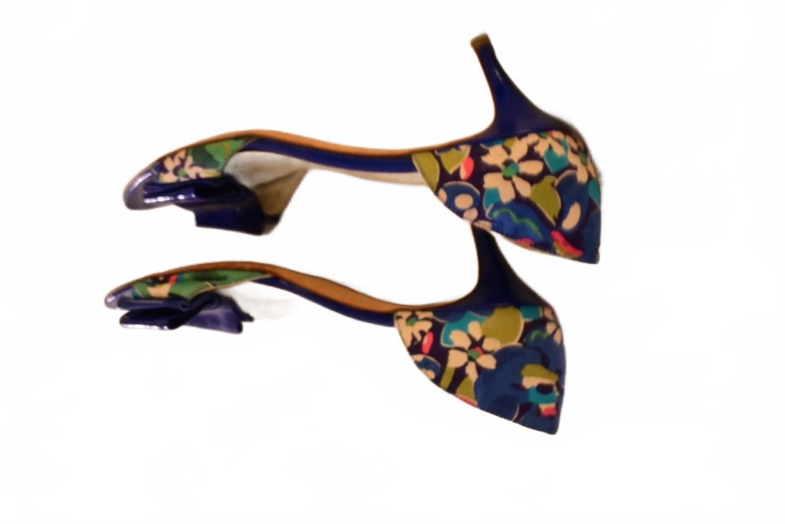 Other Butter Floral Print Open Toe Heel Sandals Blue Bow Accent 8 Size US 8 / IT 38 - 7 Thumbnail