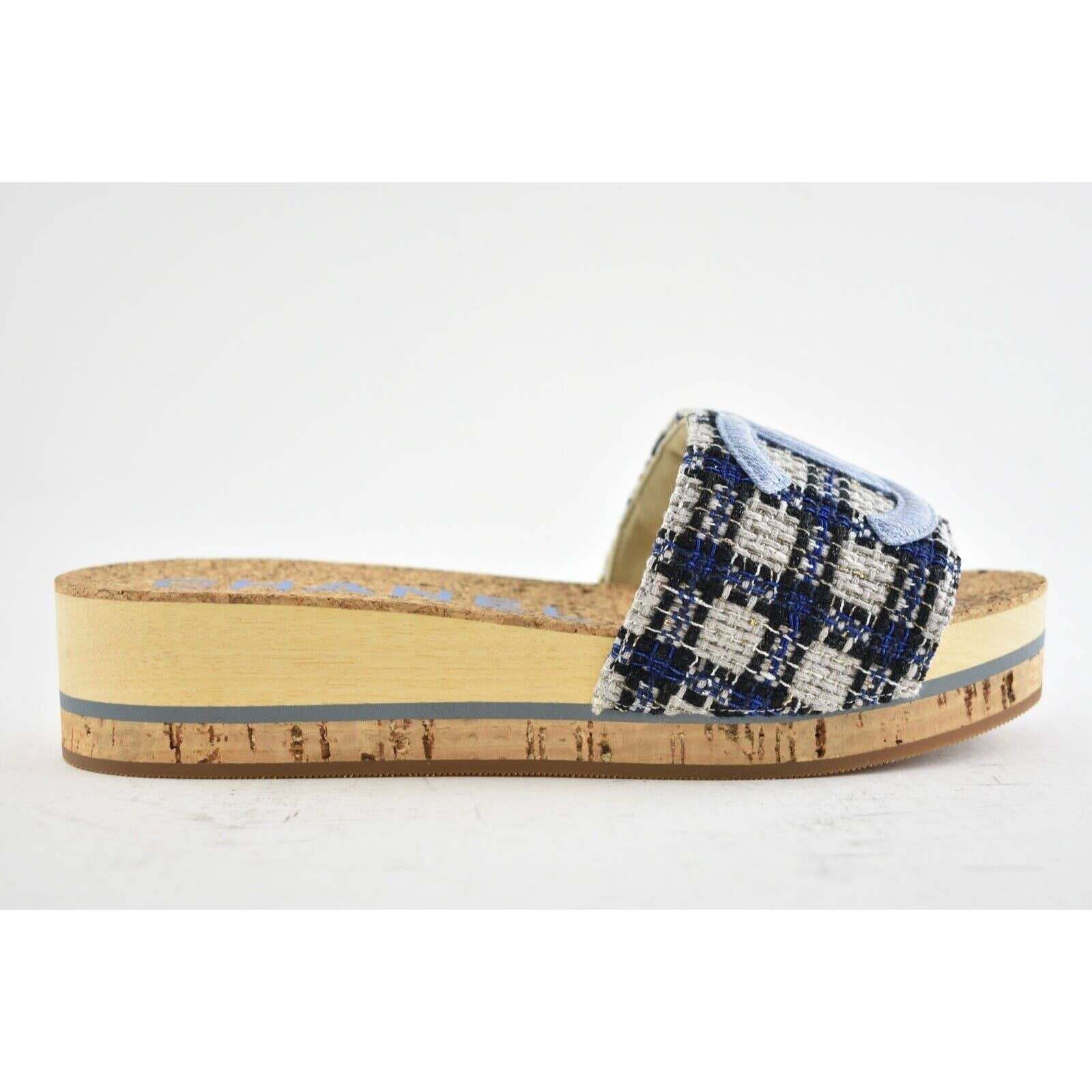 Chanel Chanel 20P Blue Tweed Denim CC Logo Cork Mule Slide Slip Size US 11 / IT 41 - 2 Thumbnail