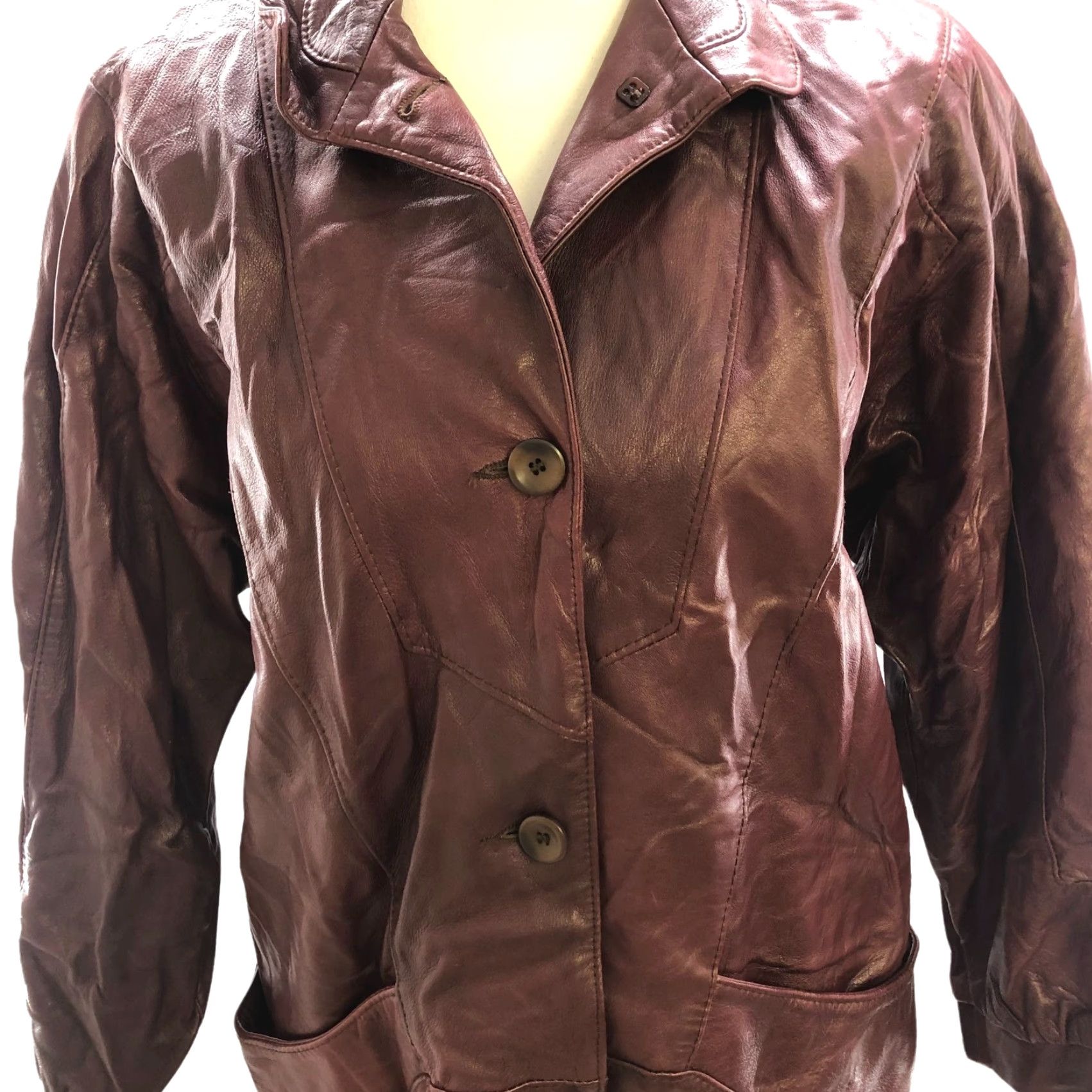 VINTAGE Leather Jacket Womens M Longline Burgundy Mahogany Made in Norway Jacket Brand: Vintage
