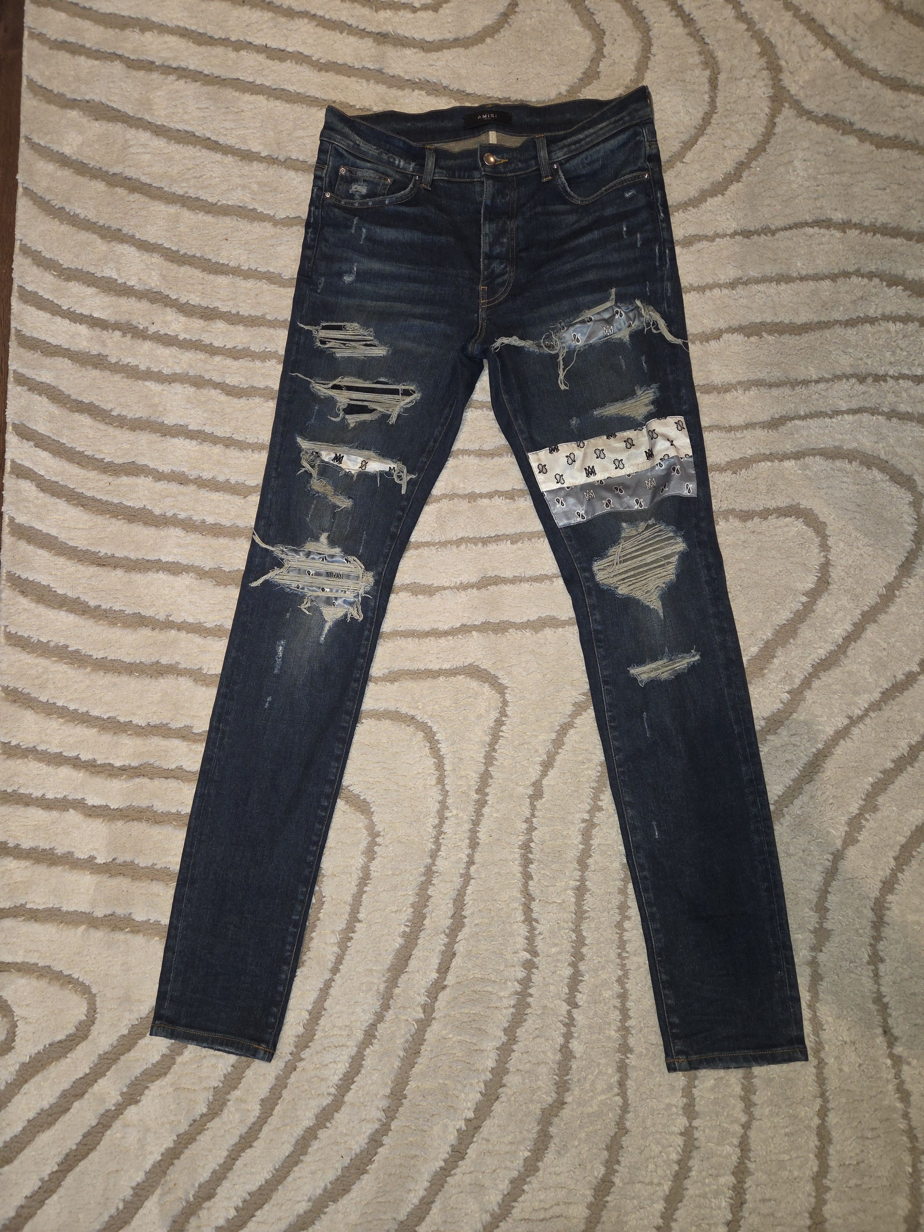 Amiri AMIRI Distressed Jean - Dark Wash Bandana Patch Denim Size US 34 / EU 50 - 1 Thumbnail