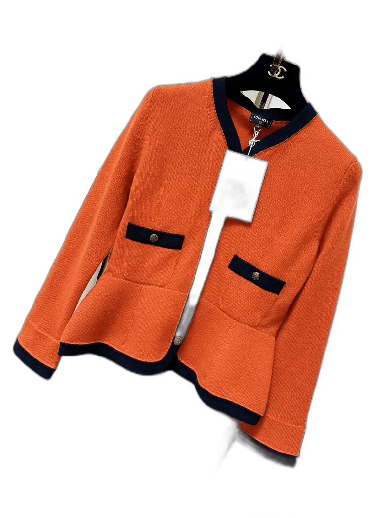 Chanel Orange Navy Cashmere Cardigan