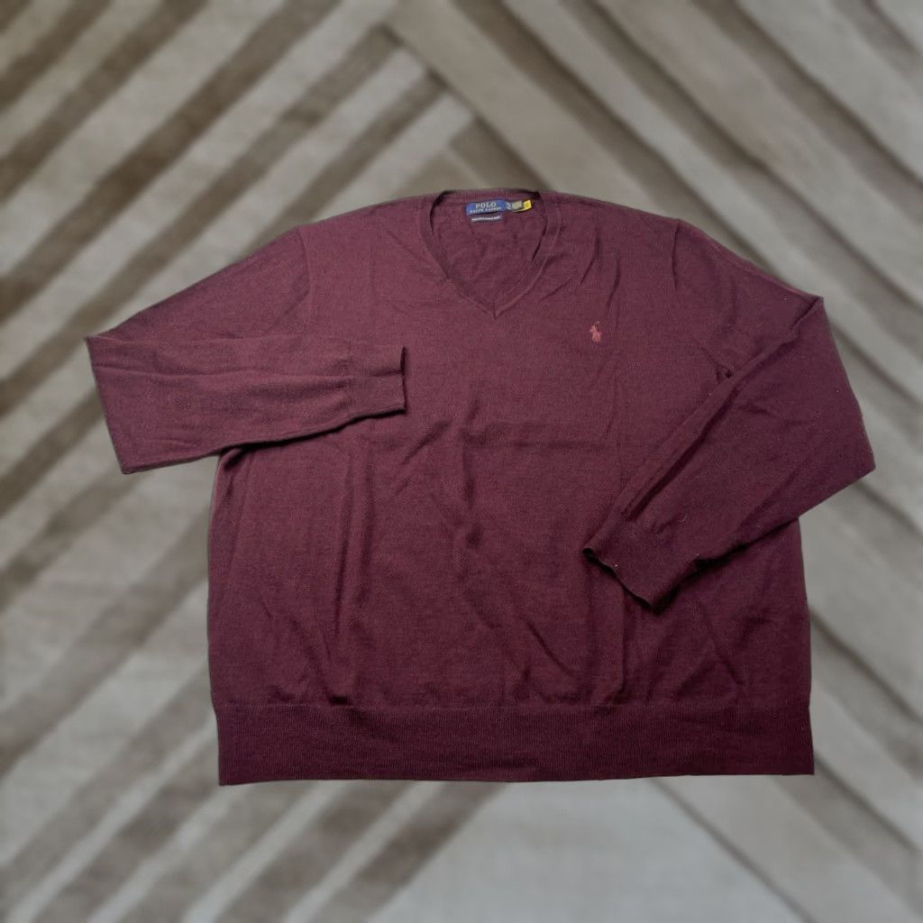 VINTAGE Polo Ralph Lauren Sweater Pullover V-Neck Burgundy Men 2XL Wool Merino Knit Regular