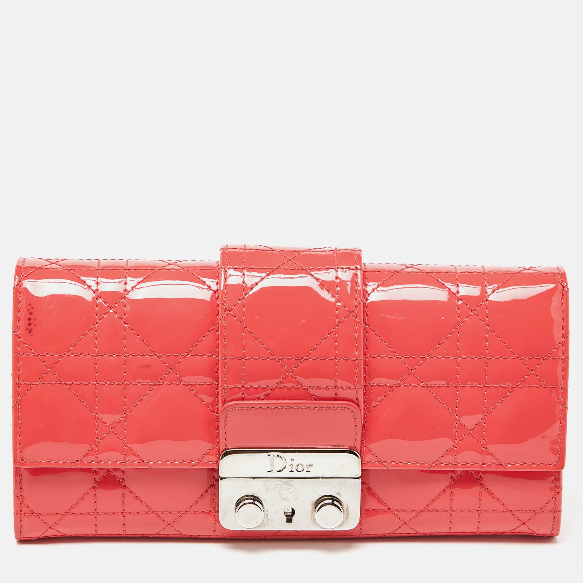 image of Dior Orange Cannage Patent Leather Miss Promenade Wallet, Women's
