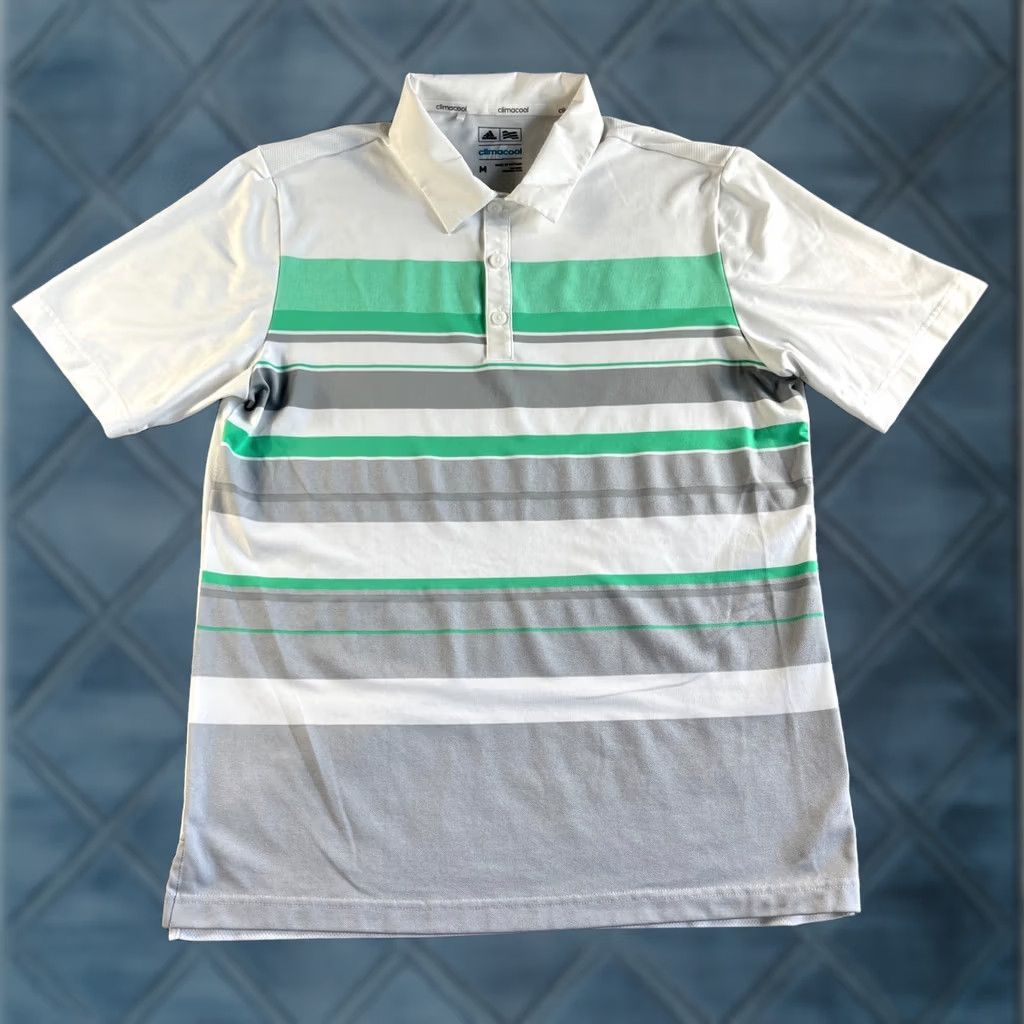 Adidas Adidas Polo Shirt Mens Medium White Gray Green Striped Climacool Golf Stretch Shirt Size US M / EU 48-50 / 2 - 1 Thumbnail