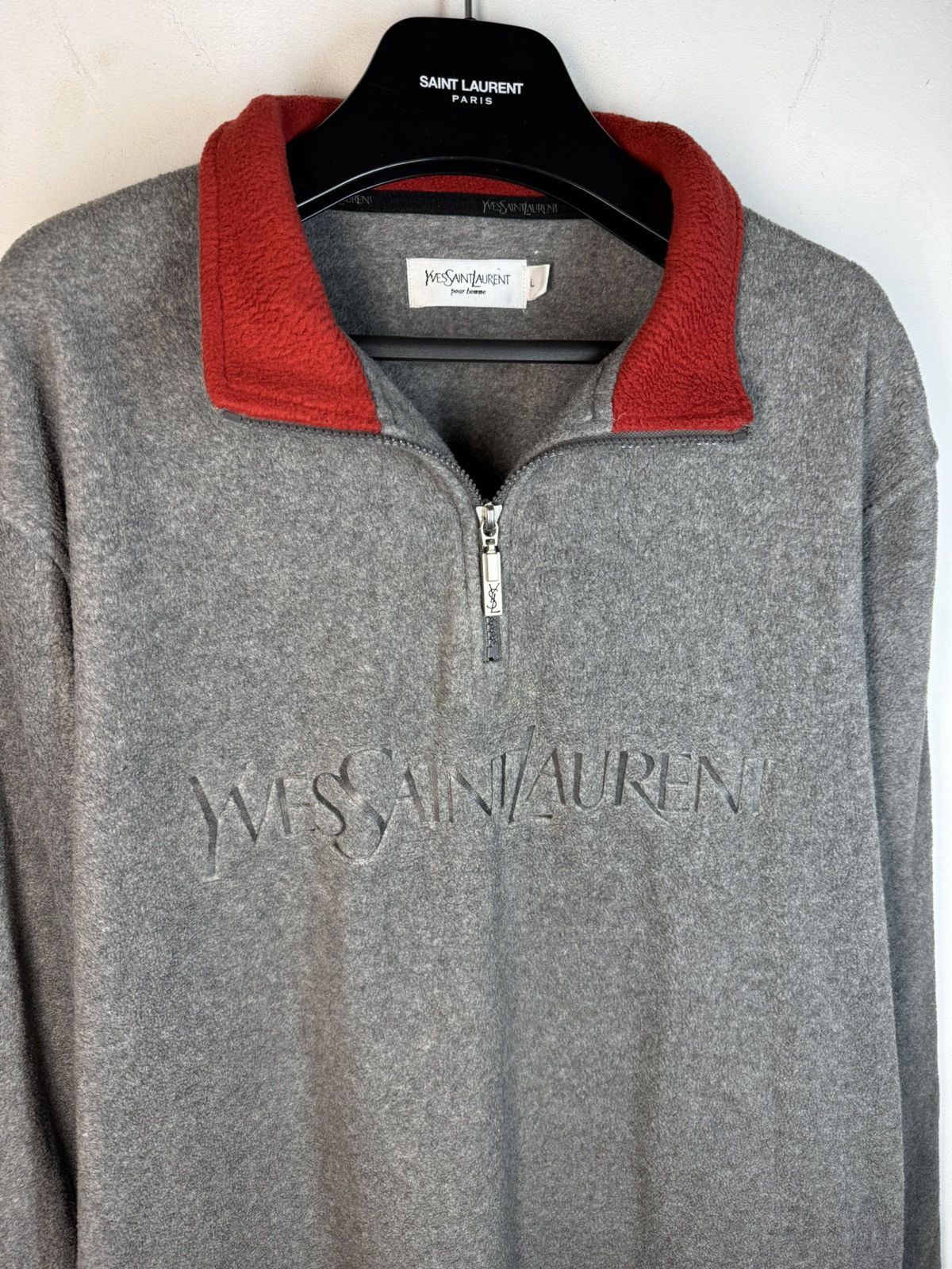 Yves Saint Laurent Fleece YSL Sweatshirt Quarter Zip Big Logo Vintage Sweater Size US L / EU 52-54 / 3 - 1 Thumbnail