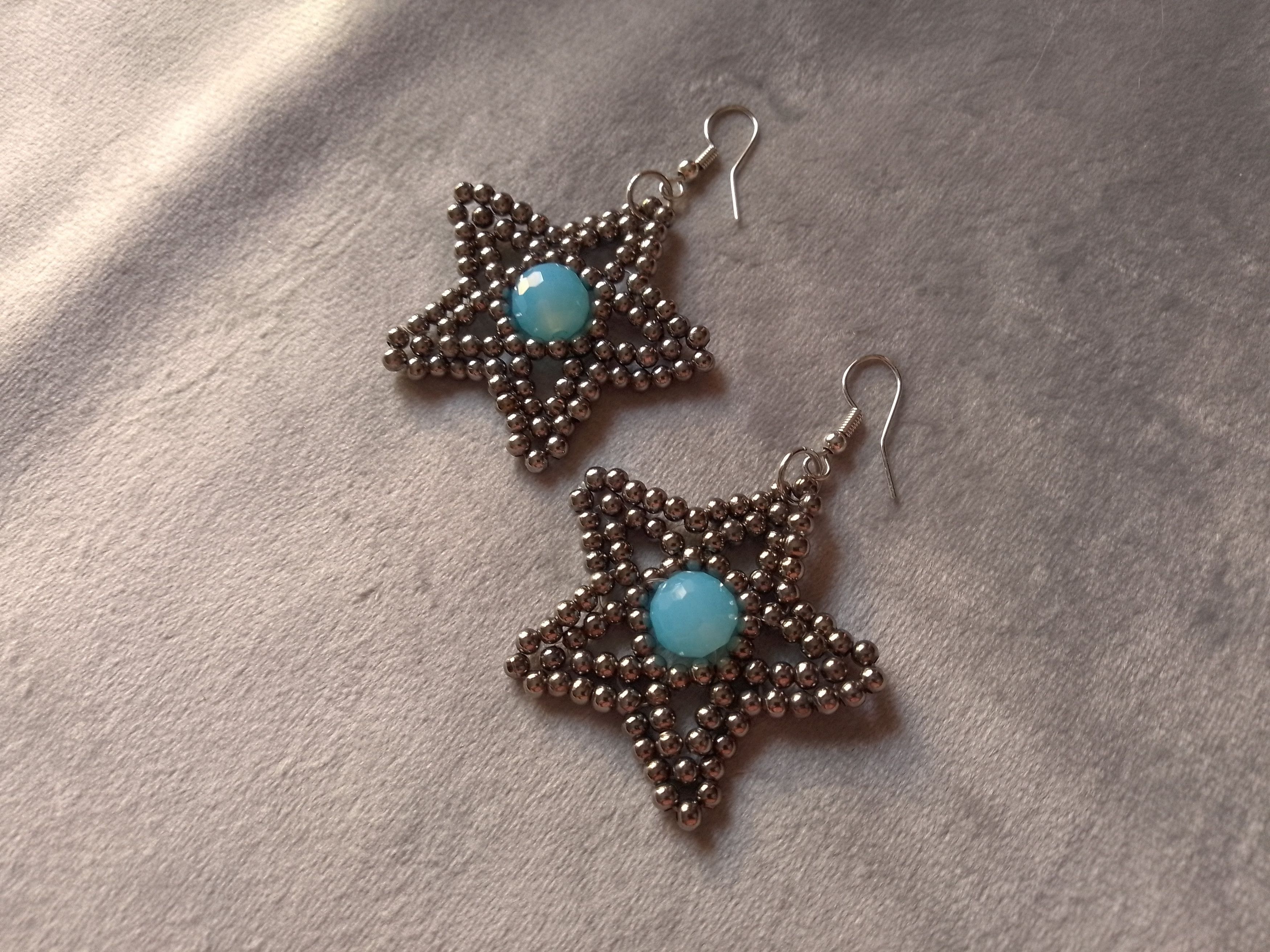 Handmade Earrings Star Brass Beaded Blue Crystal Unique Design Size ONE SIZE - 1 Thumbnail